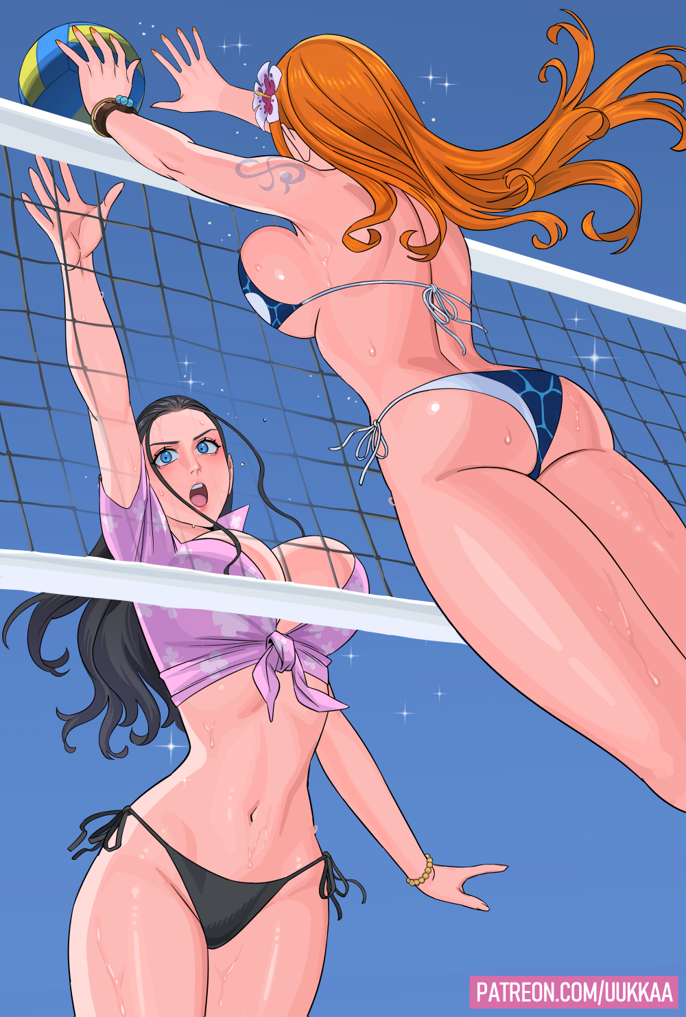 2girls, arm tattoo, ass, big breasts, bikini, bikini bottom, black hair, black-haired female, blue tattoo, breasts, busty, clothing, female, female only, light skin, light-skinned female, nami (one piece), nico robin, one piece, orange hair, orange-haired female, swimsuit, tattoo, tied shirt, uukkaa, volleyball, volleyball (ball), volleyball net