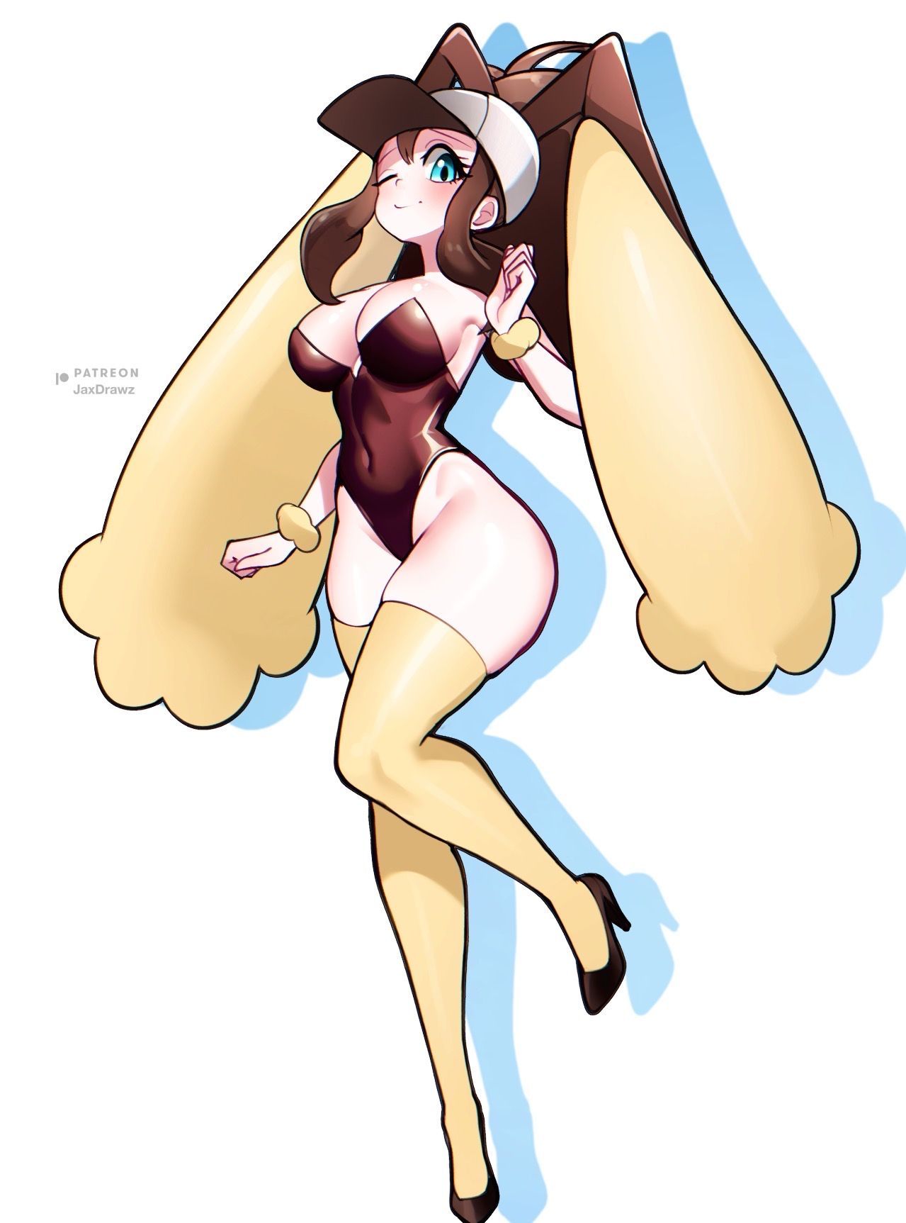 1girls, breasts, cosplay, female, female focus, female only, high heels, hilda (pokemon), jaxartdump, jaxdrawz, large breasts, light skin, light-skinned female, lopunny (cosplay), nintendo, pokemon, pokemon (cosplay), solo, thighhighs, thighs, white background, wide hips
