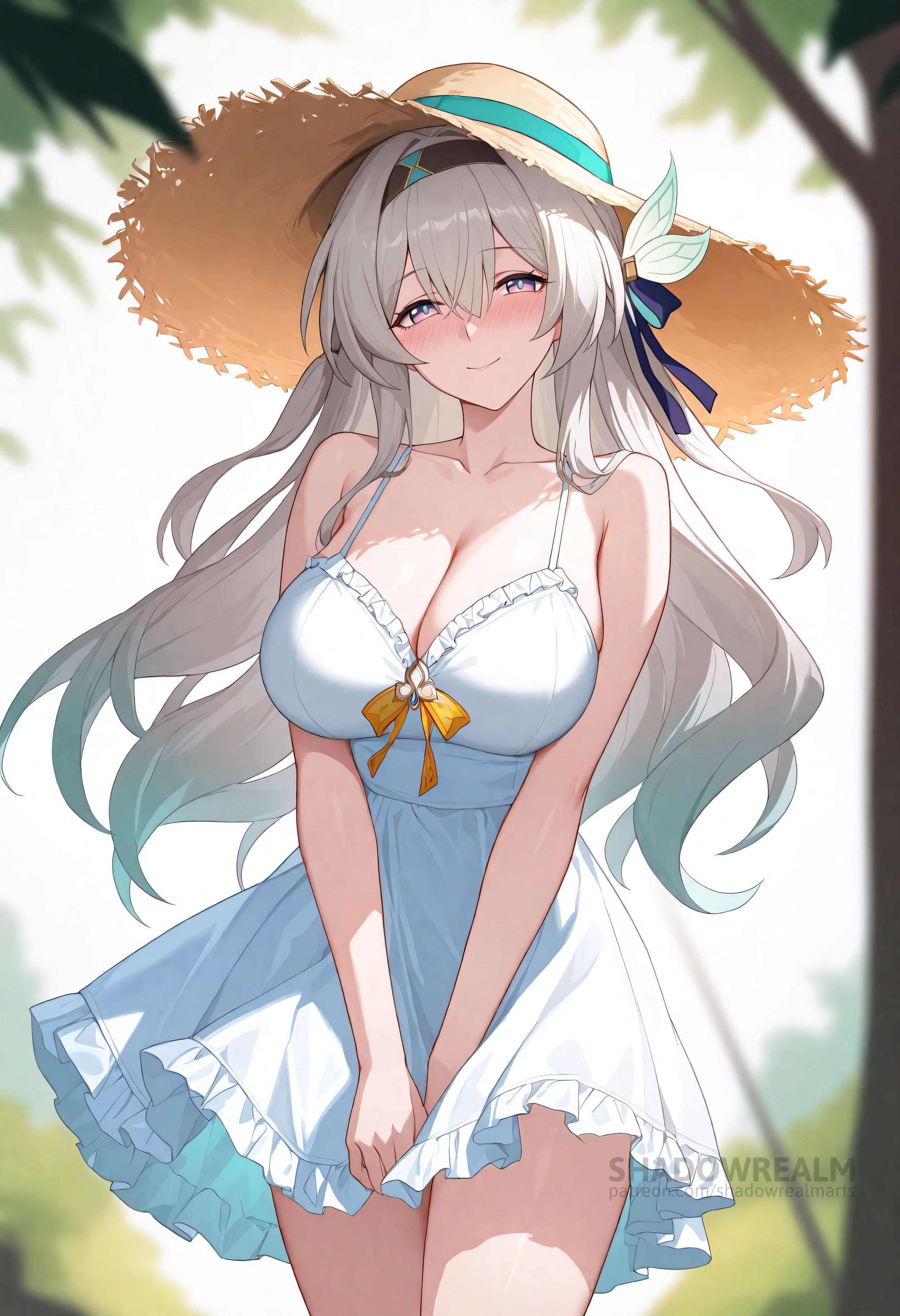 ai generated, alternate costume, bare arms, bare shoulders, black hairband, blue ribbon, blurry, blush, breasts, cleavage, closed mouth, collarbone, cowboy shot, dress, female, firefly (honkai: star rail), frilled dress, frills, gradient hair, grey hair, hair between eyes, hair intakes, hair ribbon, hairband, hat, honkai: star rail, large breasts, long hair, looking at viewer, multicolored hair, outdoors, pink eyes, purple eyes, ribbon, shadowrealmarts, sidelocks, sleeveless, sleeveless dress, smile, solo, straw hat, sundress, thighs, uncensored, white dress