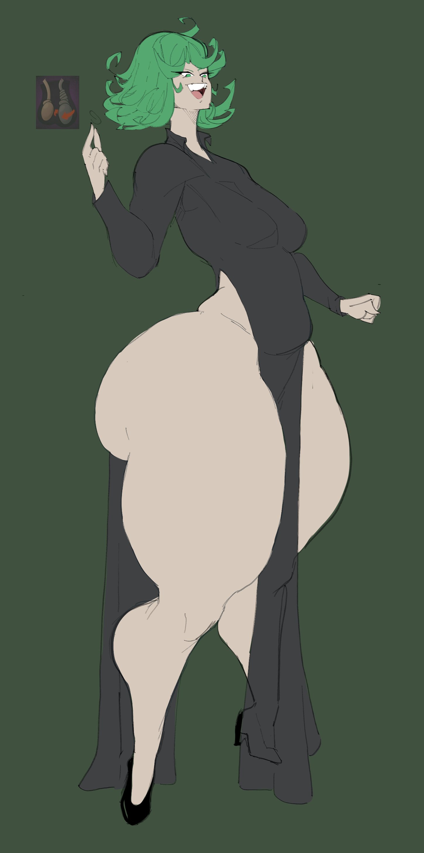 ass, ballbusting, balls, big ass, bottom heavy, female, huge ass, huge thighs, male, massive thighs, mybigbaws, one-punch man, side view, smug, tatsumaki, testicles, testicular torsion, thick thighs, wide hips