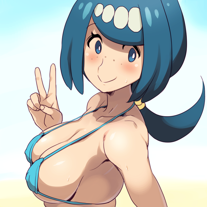 1girls, armpits, bare shoulders, big breasts, bikini, blue eyes, blue hair, blush, breasts, clothed, e keroron, eyelashes, female, female only, human, human only, lana's mother (pokemon), long hair, looking at viewer, milf, mob face, pokemon, pokemon sm, ponytail, sideboob, smile, solo, sweat, v