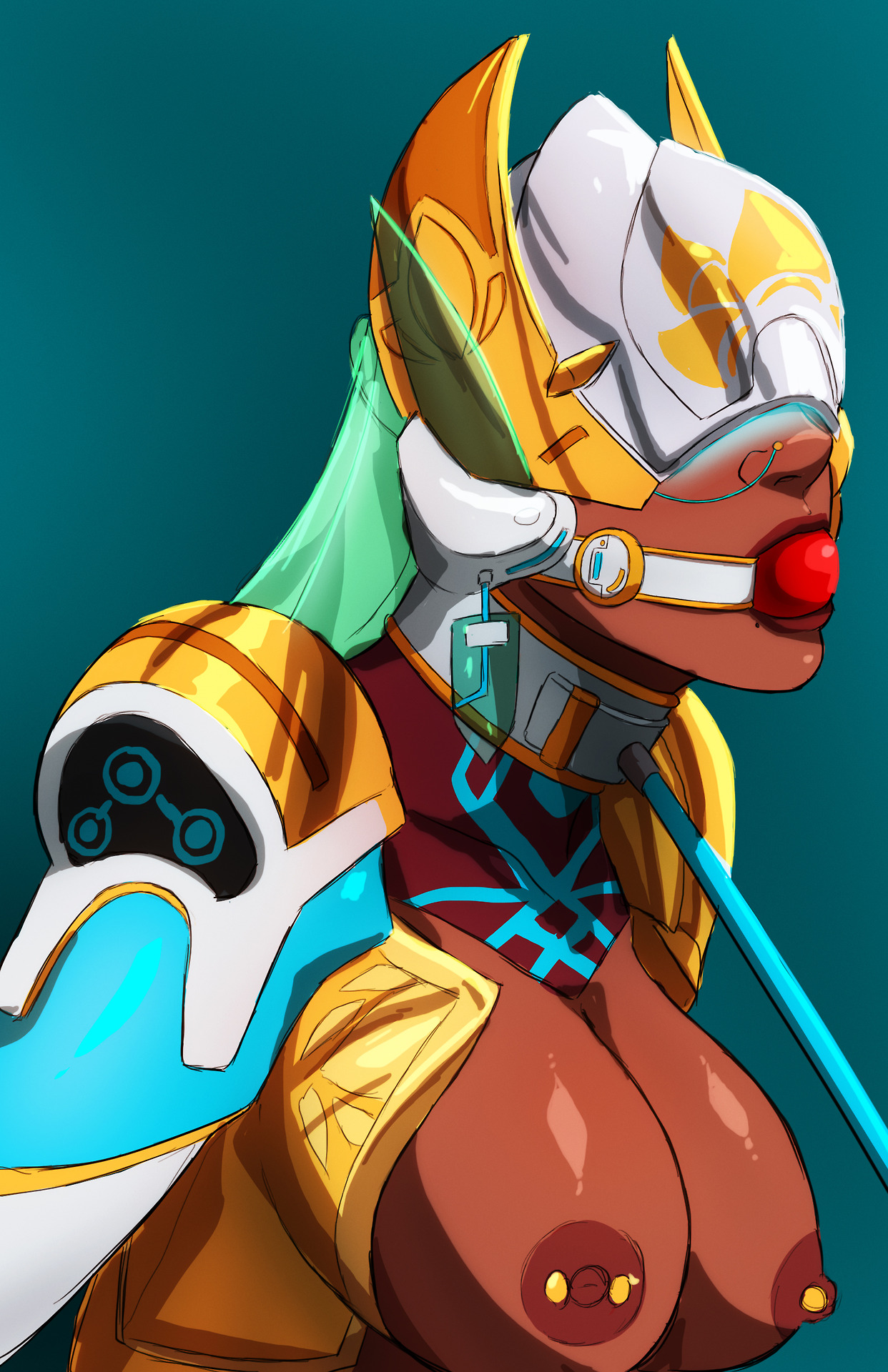 1girls, 2d, alternate costume, aqua hair, armor, ball gag, blizzard entertainment, blue hair, breasts, choker, costume, covered eyes, dark skin, dark-skinned female, earrings, female, female only, gag, helmet, jewelry, large breasts, long hair, mechanical arm, naavs, nipples, oasis symmetra, overwatch, piercing, solo, symmetra, upper body