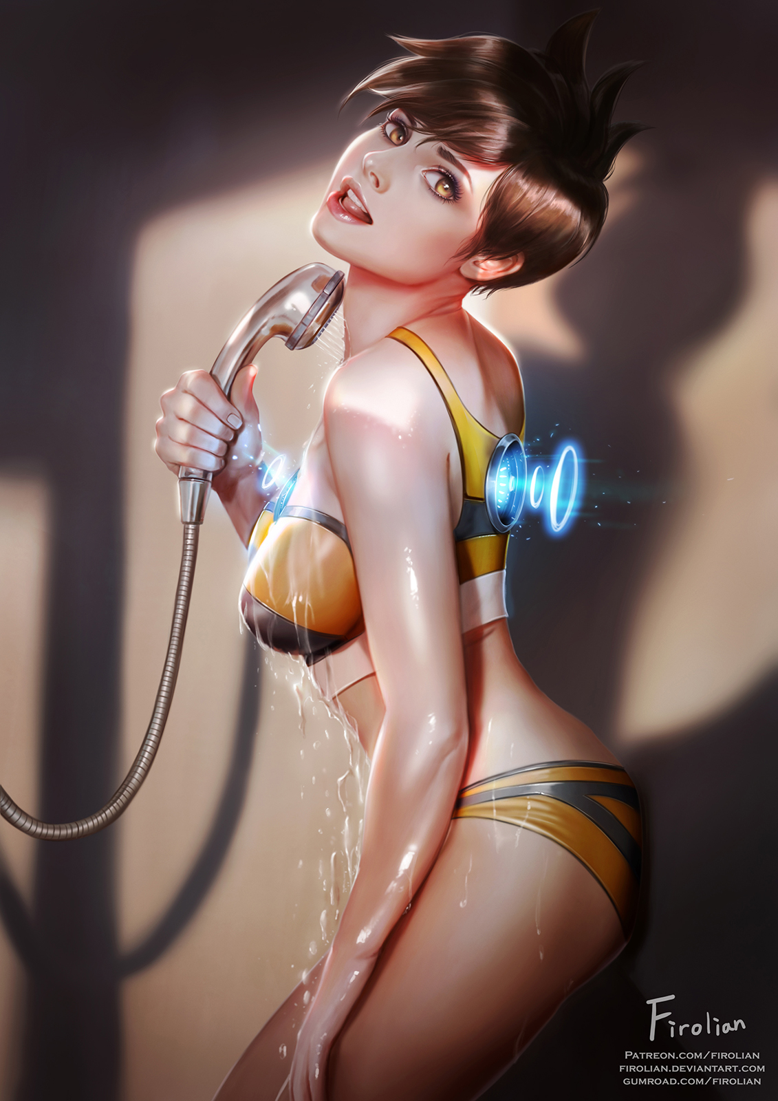 1girls, ass, bikini, bikini bottom, bikini top, blizzard entertainment, bra, breasts, brown eyes, brown hair, chronal accelerator, covered breasts, female, female only, firolian, harness, head tilt, high resolution, hips, human, large breasts, legs, looking at viewer, open mouth, overwatch, panties, patreon, realistic, short hair, shower, shower head, showering, sideboob, solo, sports bra, standing, swimsuit, thighs, tongue, tracer, underwear, video game, video games, watermark, web address, wet