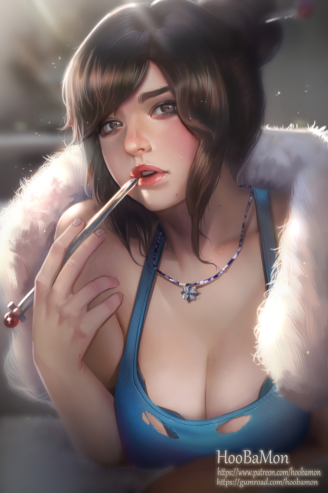 1girls, blizzard entertainment, breasts, brown eyes, brown hair, cleavage, female, female only, hoobamon, looking at viewer, mei (overwatch), overwatch, solo