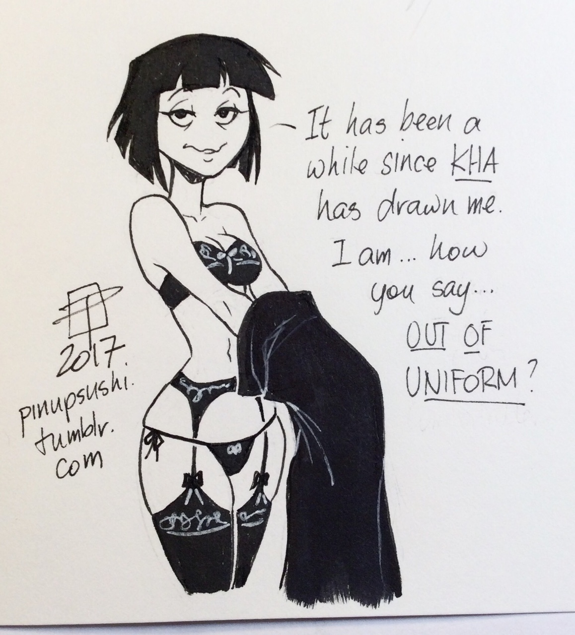 callmepo, creepy susie, female, goth, human, lingerie, monochrome, pale skin, solo, stockings, the oblongs, undressing