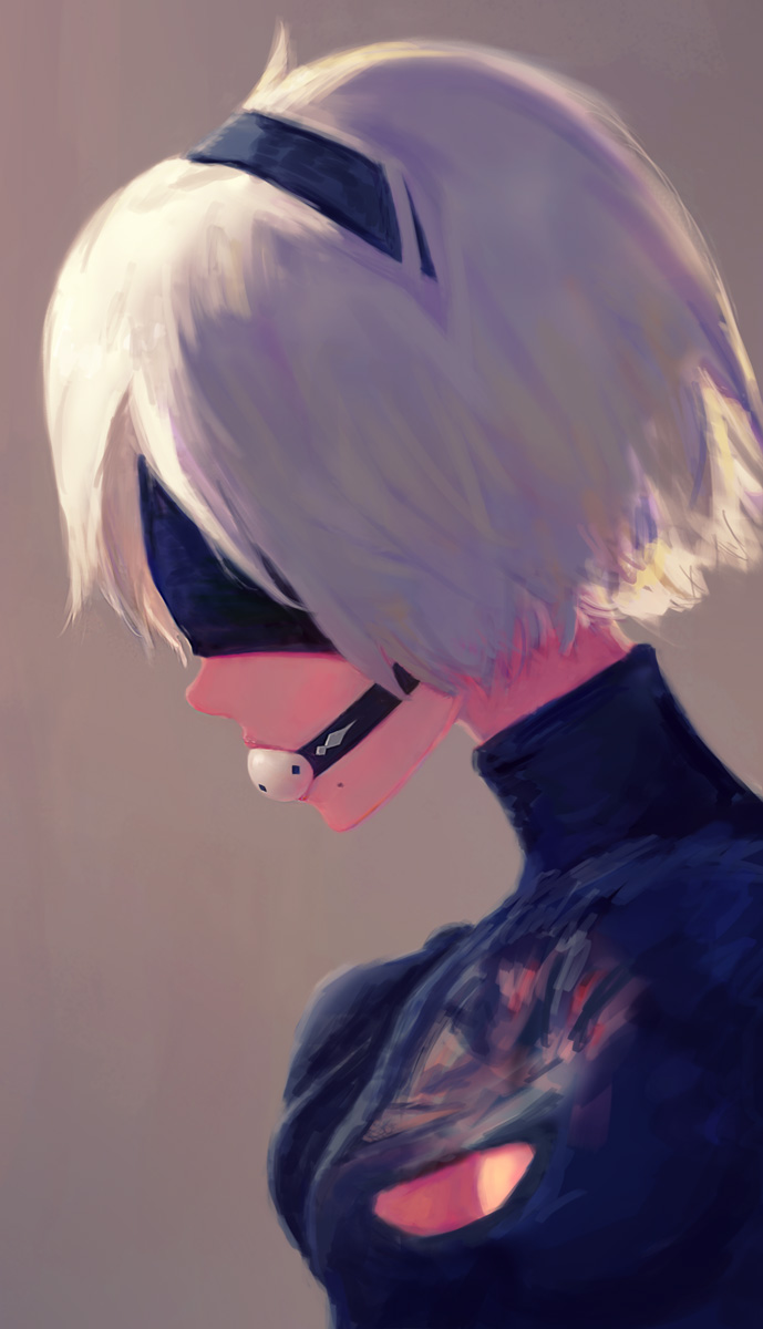 ball gag, black dress, blindfold, bondage, covered eyes, dress, female, female only, highres, ikelag, mole, nier, nier: automata, short hair, silver hair, solo, yorha 2b