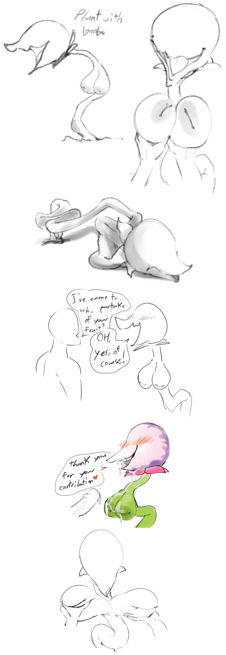 2017 anthro areola big_breasts blush breast_fondling breasts comic cum cum_in_mouth cum_inside cum_on_breasts dialogue disembodied_hand disembodied_penis dotkwa duo english_text female flora_fauna fondling hand_on_breast heart human inverted_nipples male mammal nipples nude partially_colored penis plant simple_background straight text white_background