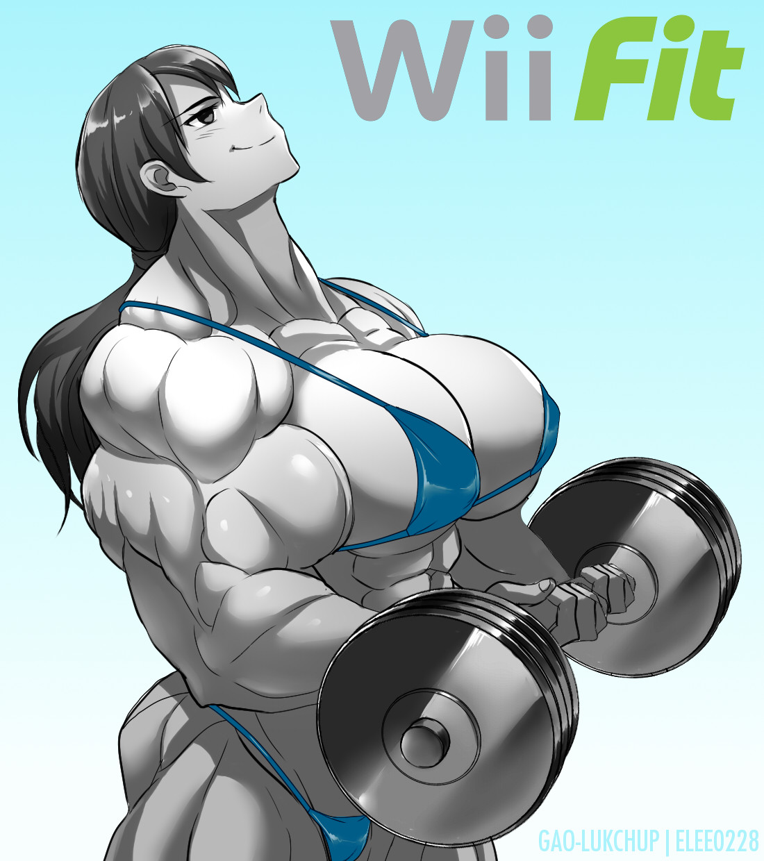 1girls, biceps, bikini, breasts, cleavage, elee0228, extreme muscles, female, grey skin, large breasts, muscles, muscular, muscular female, nintendo, ponytail, solo, super smash bros., weights, white skin, wii fit, wii fit trainer, wii fit trainer (female)