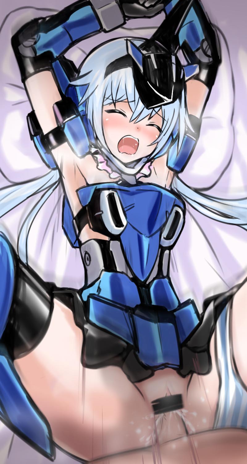 1boy bed blue_hair blush closed_eyes cum cum_in_pussy female frame_arms_girl panties pussy ribimura sex spread_legs striped_panties stylet underwear vaginal_penetration