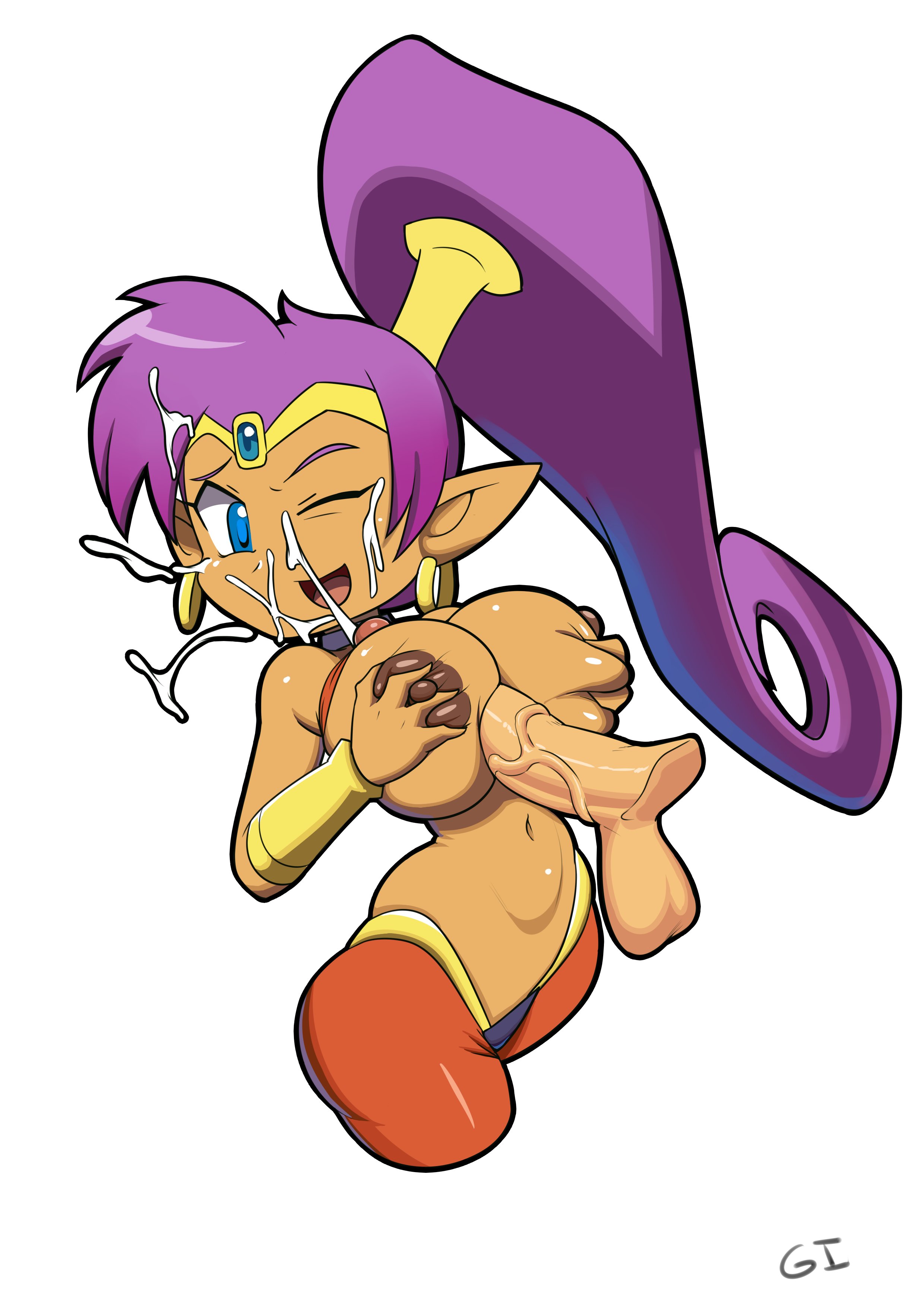 absurdres, areolae, big breasts, bracelet, breasts, cum, cum on face, dark skin, dark-skinned female, facial, female, grabbing own breast, grey impact, large breasts, light skin, light-skinned male, long hair, male, nipples, paizuri, penis, shantae, shantae (character), smile, smooth skin, solo, solo focus, sweat, tiara