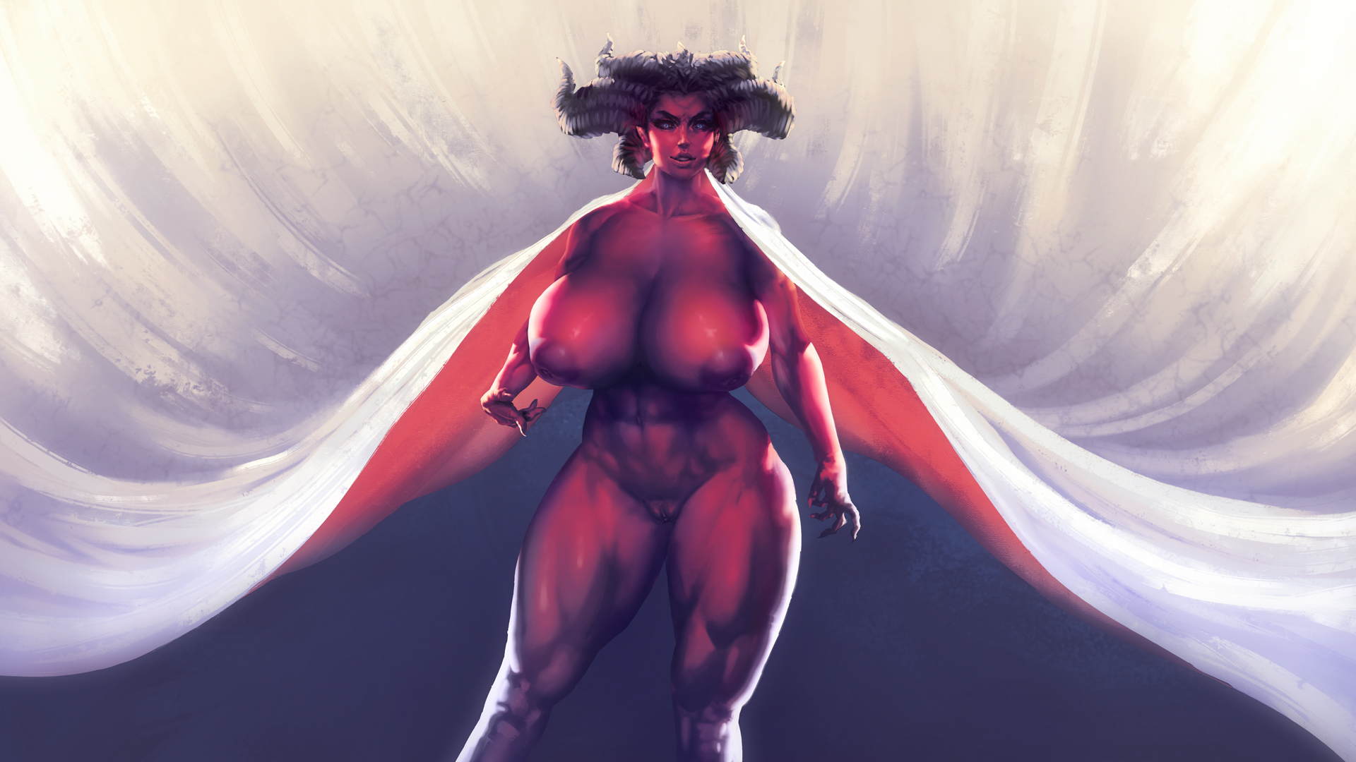1girls, abs, blue eyes, breasts, busty, cleavage, demon, demon girl, diablo, diablo 4, female, female only, horns, huge breasts, inverted nipples, kupocun, large breasts, lilith (diablo), looking at viewer, milf, monster girl, muscles, muscular, muscular female, navel, nude, red skin, solo, succubus, succubus queen, thick thighs, thigh gap, voluptuous, wide hips
