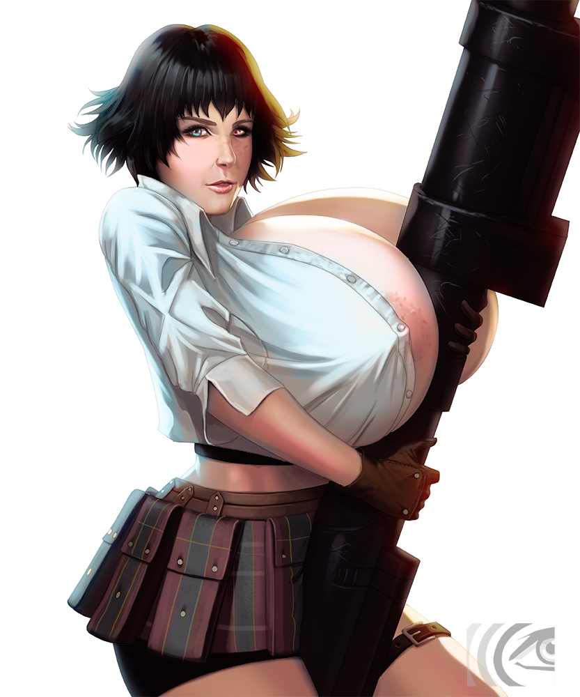 1girls 2d areolae areolae_slip between_breasts black_hair breasts capcom cleavage devil_may_cry devil_may_cry_3 female female_only gigantic_breasts heterochromia holster huge_breasts jessica_nigri lady_(devil_may_cry) mangrowing object_between_breasts rocket_launcher solo weapon