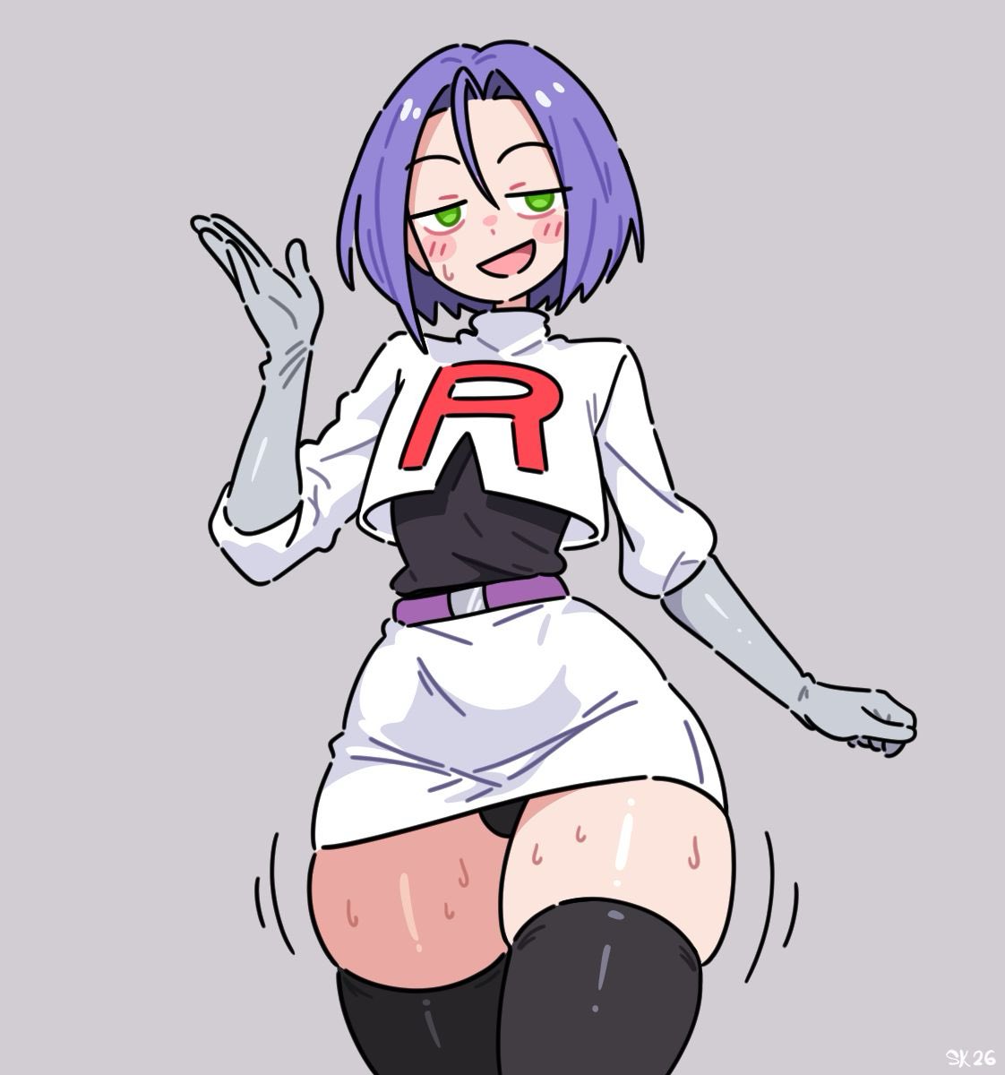 1boy, belt, bulge, bulge under clothes, elbow gloves, femboy, feminine, feminine body, feminine faced male, feminine male, feminine pose, green eyes, james (pokemon), light skin, light-skinned male, male, male only, microskirt, miniskirt, nintendo, pokemon, pokemon rgby, purple hair, short hair, skindentation, skirt, slender body, snatched waist, sweat, sweetkalamari, team rocket, thick thighs, thighhighs, twitter link, voluptuous, voluptuous male, waving at viewer, wide hips, yaoi