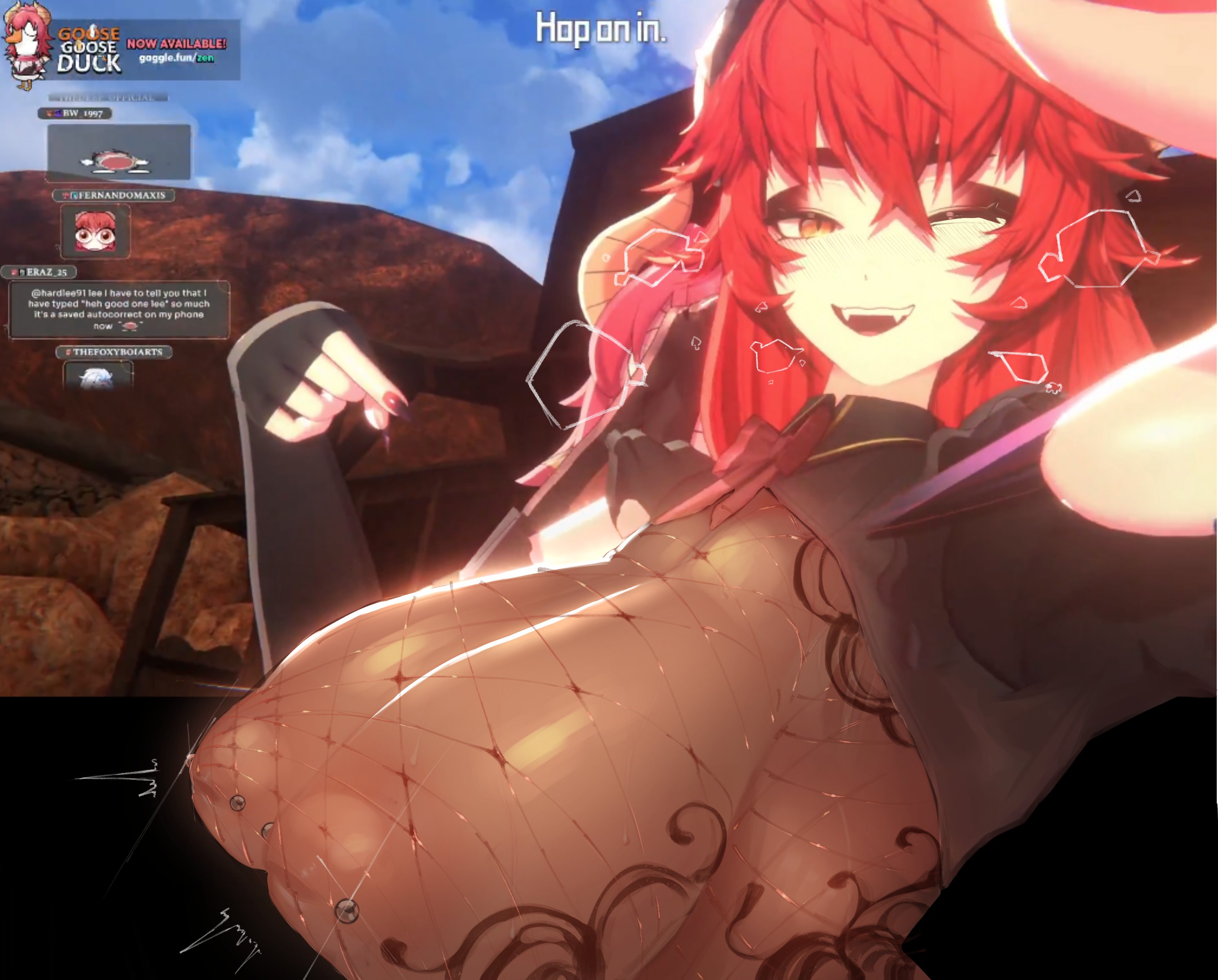 blushing, dragon girl, dragon horns, edited, fangs, fingerless armwear, fishnet clothing, huge breasts, inverted nipples, inviting, lace corset, large areolae, long hair, looking at viewer, nipples, pierced nipples, pointing at breasts, puffy nipples, red hair, screenshot edit, see-through clothing, smiling at viewer, socks agency, steam, virtual youtuber, winking at viewer, yellow eyes, zentreya, zentreya (dragon)