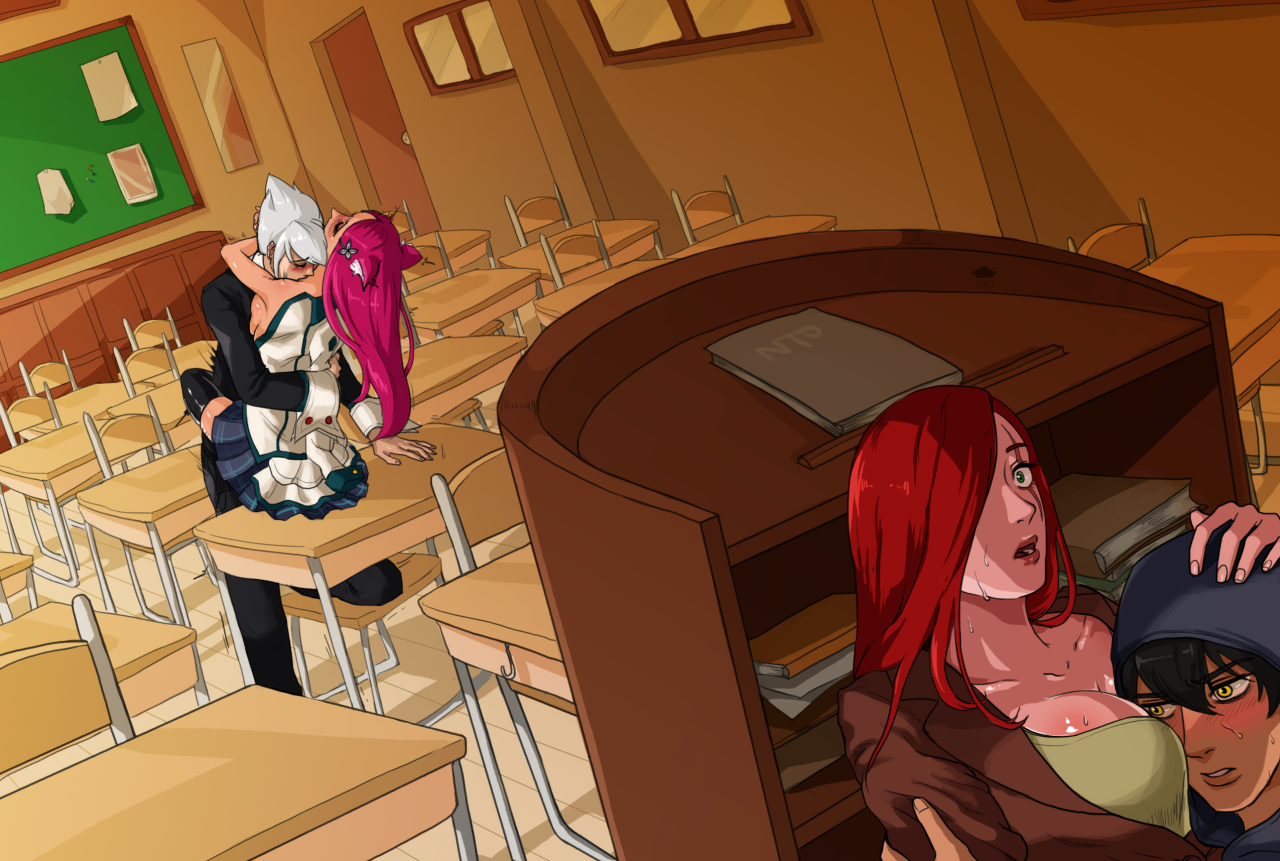 2016, 2boys, 2girls, academy ahri, academy series, academy vladimir, ahri, blush, breast press, breast smother, breasts, classroom, cleavage, closed eyes, clothed sex, female, fox ears, fox girl, hiding, highres, hug, incest, indoors, katarina du couteau, league of legends, male, multiple boys, multiple females, multiple girls, multiple males, neck kiss, nto, on table, school, school uniform, sex, skirt, spread legs, straddling, straight, sweat, sweatdrop, talon du couteau, unbuttoned, undressing, upright straddle, vastaya, vladimir (league of legends)