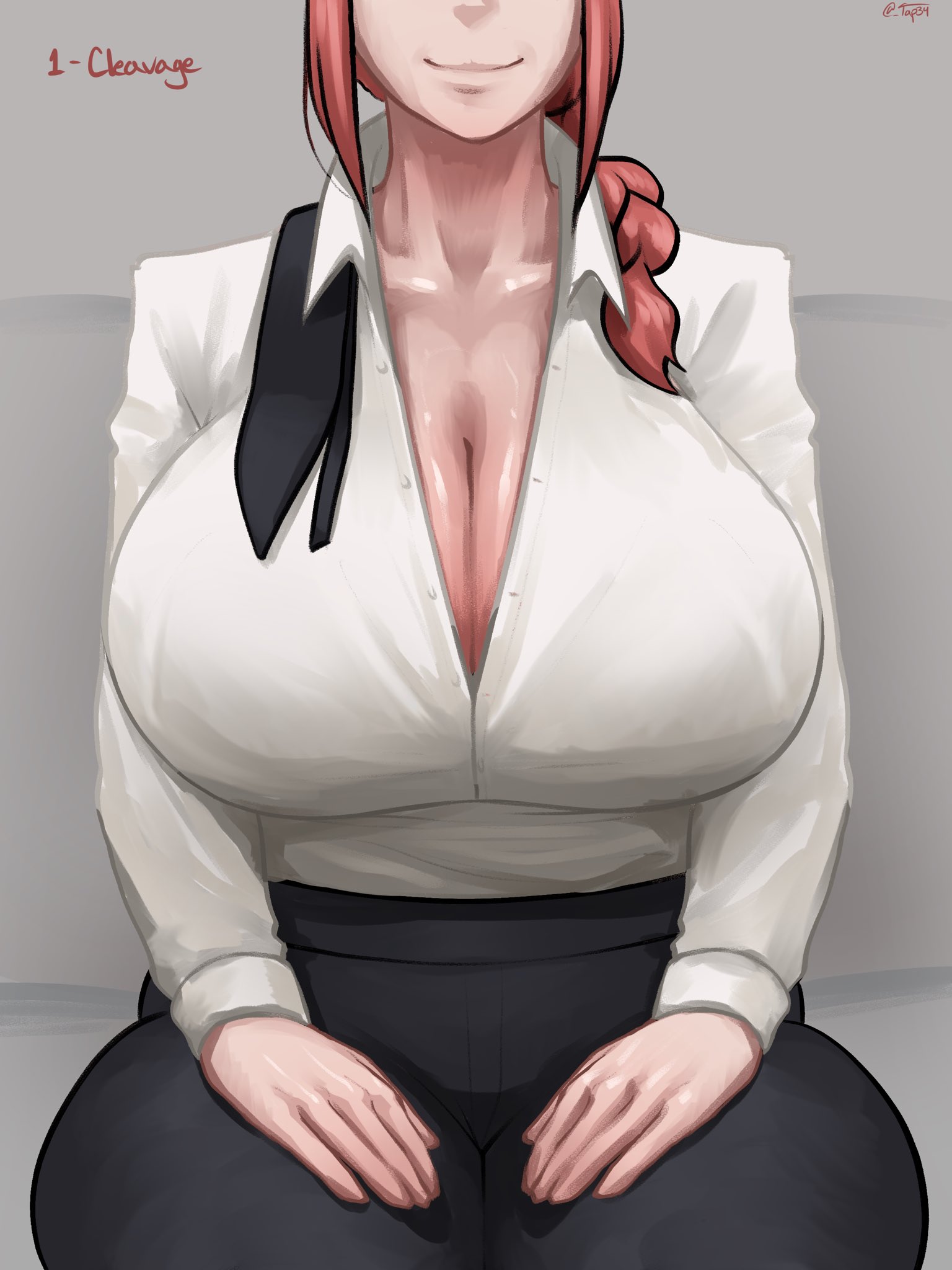 1girls, big breasts, black pants, braid, breast focus, breasts, chainsaw man, eyes out of frame, female, female only, hair, huge breasts, large breasts, makima (chainsaw man), necktie, pants, red hair, shirt, smile, solo, solo female, tap34, topwear, untied necktie, upper body, upper body only, white shirt
