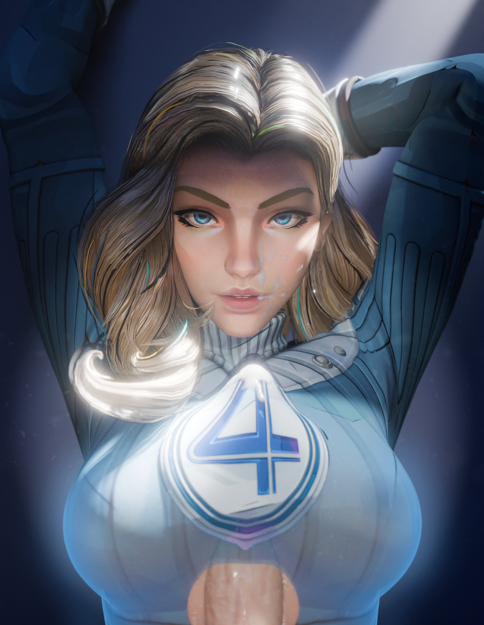 big breasts, blonde hair, boobjob, cum, cum in mouth, fantastic four, female, invisible woman, invisible woman (first steps), invisible woman (marvel rivals), marvel, marvel rivals, paizuri, penis between breasts, pov, shibarademu, sue storm