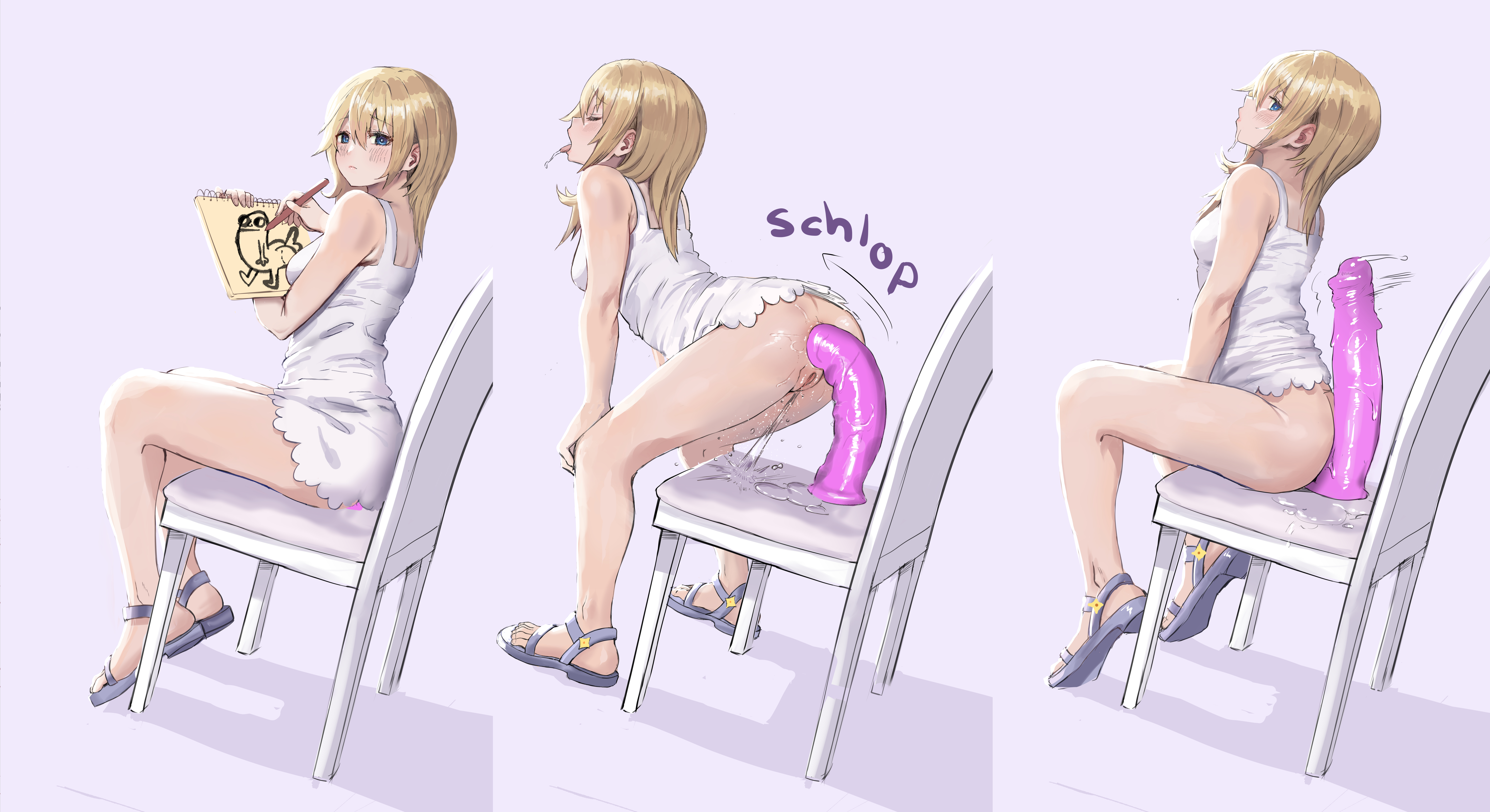 1girls, absurdres, after masturbation, anal, anal insertion, anal masturbation, arched back, ass, awesomeerix, bent over, blonde hair, blonde-haired female, blue eyes, blush, bottomless, bottomless dress, bottomless skirt, butt crack, chair, dickbutt, dildo, dildo chair, dildo in ass, dildo reveal, dildo sitting, drawing (object), dress, dress lift, drooling, female, highres, holding, holding notepad, huge dildo, intestinal dildo, kingdom hearts, kingdom hearts chain of memories, masturbation, medium hair, meme, namine, no panties, notepad, object insertion, open toe shoes, orgasm, pencil, pussy, pussy juice, sandals, sex toy, short dress, simple background, sitting, solo, squirting, stealth masturbation, stretched anus, sundress, sweat, teenager, tongue out, upskirt