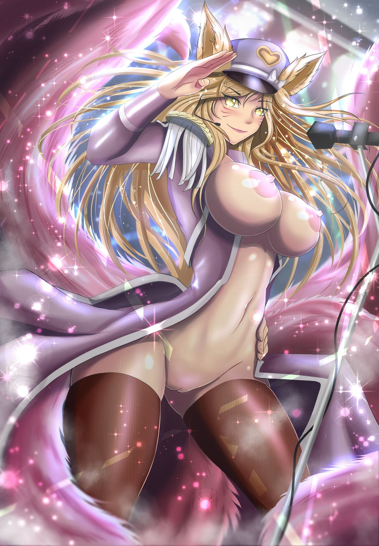 ahri, big breasts, breasts, cat ears, clothing, female, league of legends, long hair, popstar ahri, pussy, thighhighs, torahime