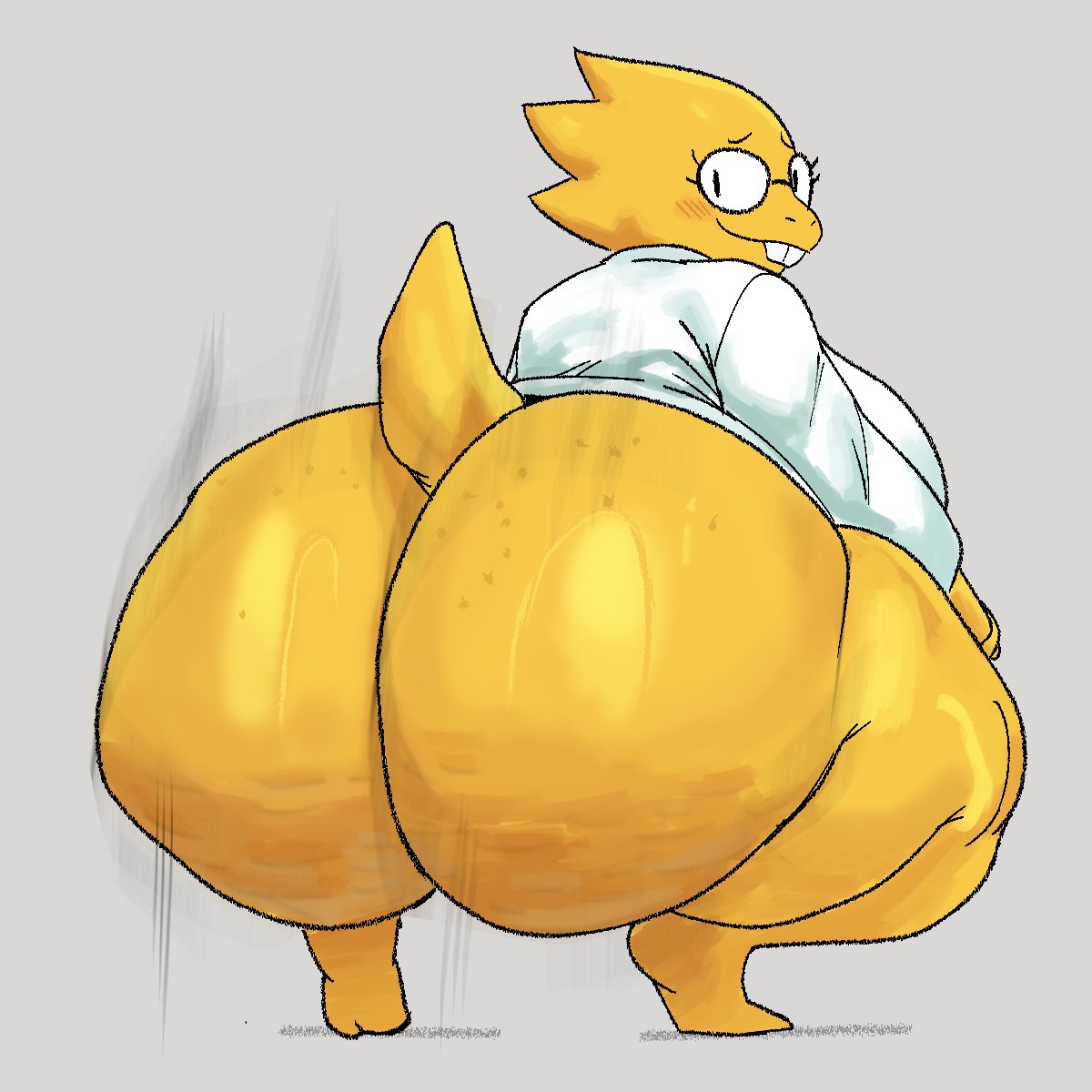 1girls, 2026, alphys, blush, blushing, blushing female, buckteeth, dumbsmutty, dumbwitchyy, female, female focus, female only, freckles on ass, glasses, huge ass, huge breasts, labcoat, looking back, no panties, scalie, shaking ass, shaking butt, simple background, tail, thick thighs, twerking, undertale (series), wide ass, wide hips, yellow body