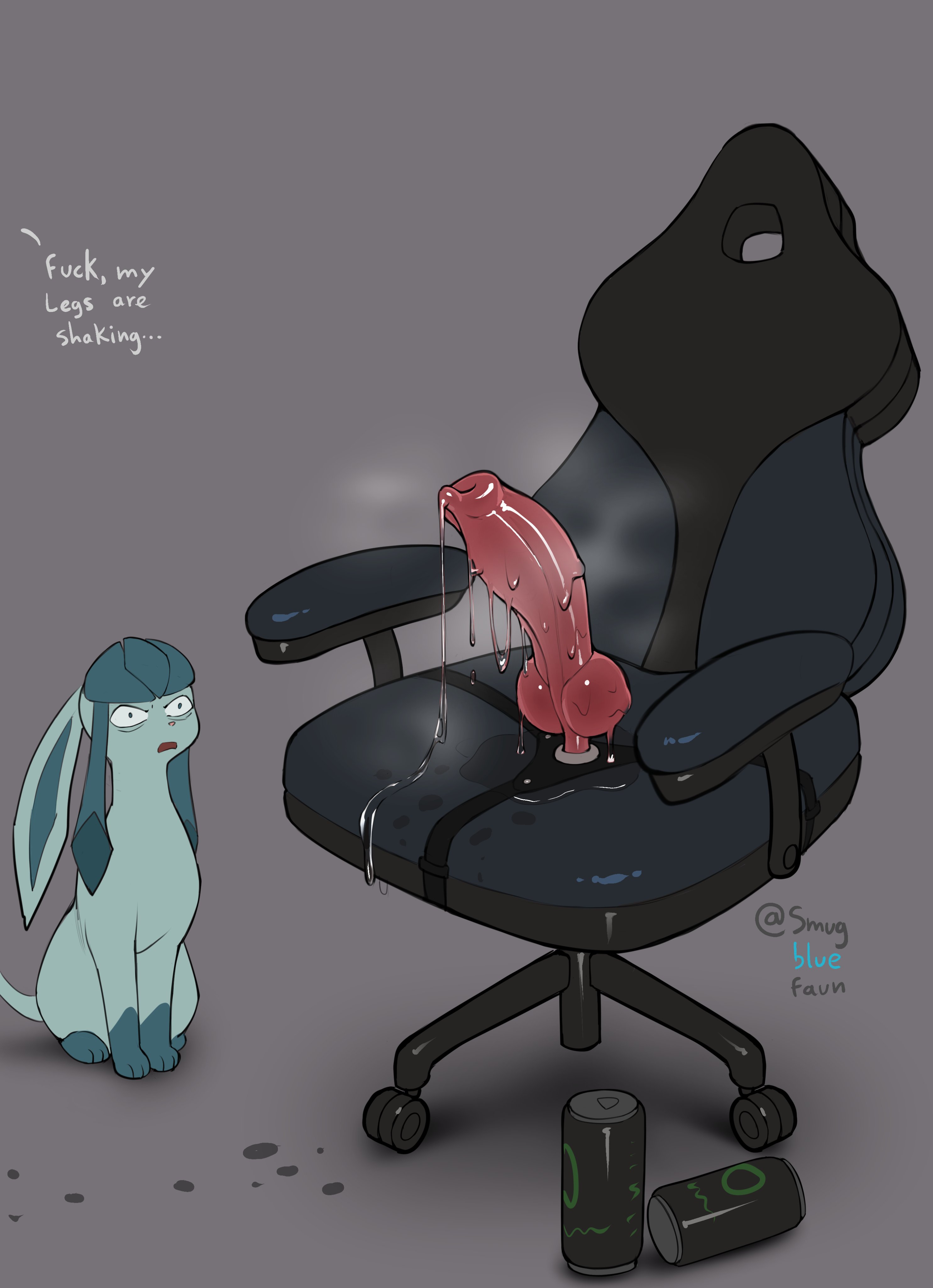 2026, 2d, artist name, blue fur, dialogue, dildo, dildo chair, dildo in pussy, dildo reveal, eeveelution, english, english dialogue, english text, feral, feral male, glaceon, hi res, highres, knot, knotted dildo, male feral, nintendo, offscreen character, penny (pokemon), pokemon, pokemon (species), pokemon sv, pussy juice, pussy juice drip, smugbluefaun, text, vaginal, vaginal fluids, vaginal juices, watermark