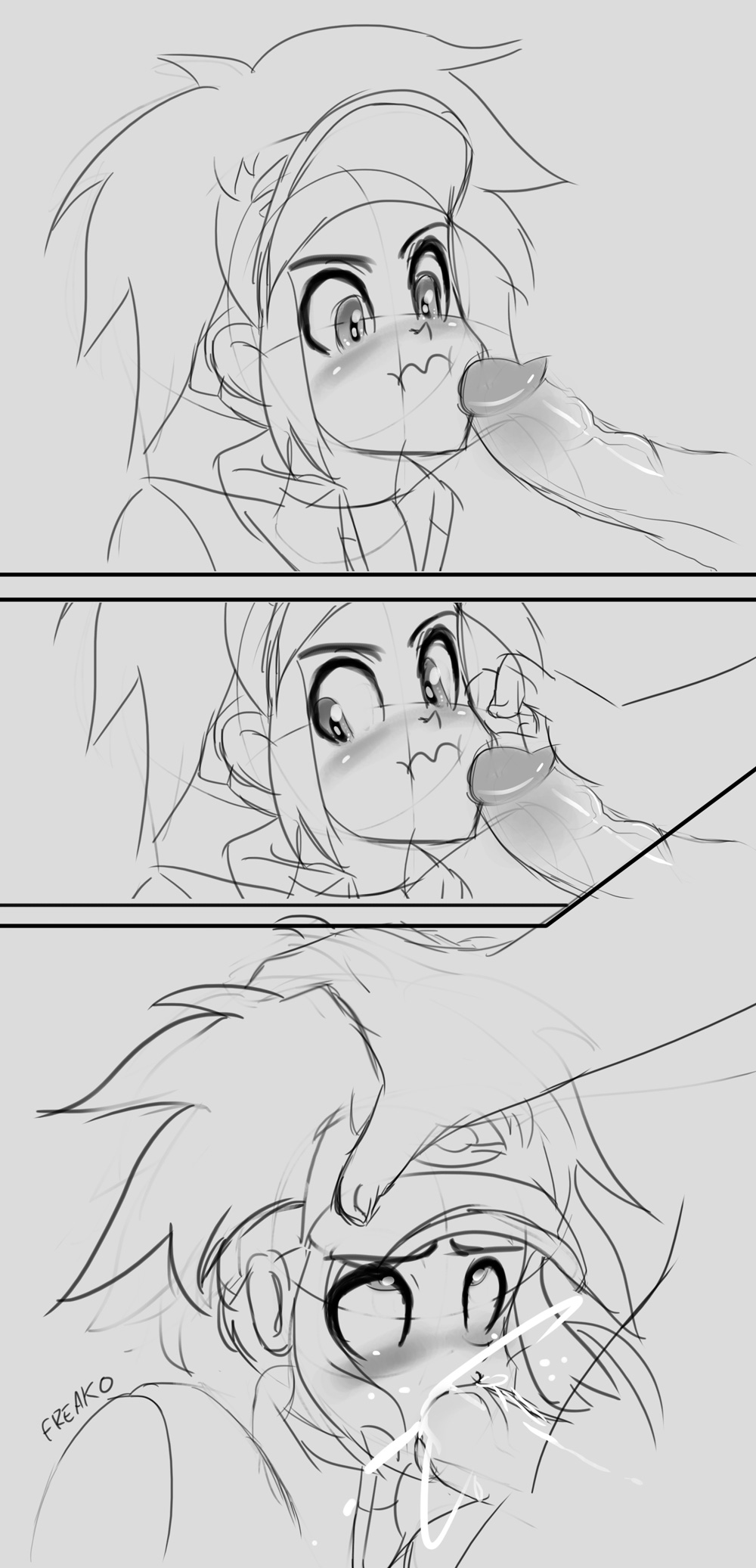 2boys, ahe gao, blowjob, cum, cum in mouth, cum inside, fellatio, femboy, forced fellatio, forced oral, freako, gay, hand on head, human, irrumatio, male, male ahegao, male only, monochrome, nate (pokemon), nintendo, oral, oral sex, penis, pokemon, pokemon bw2, sketch, veins, veiny penis, yaoi