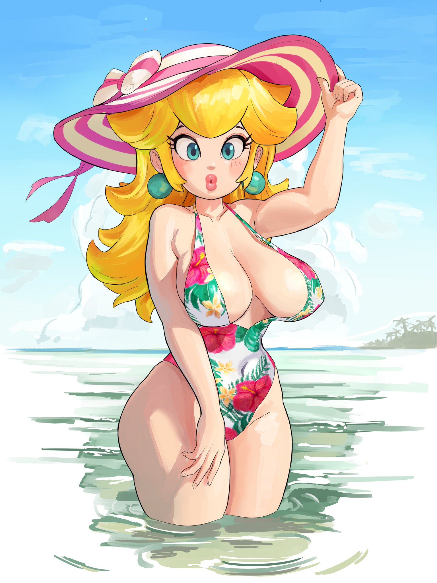 beach, big lips, blonde hair, blue eyes, blush, blushing, breasts, cleavage, cleavage cutout, earrings, flower pattern, hat, in water, large breasts, long hair, mario (series), mineru128127, nintendo, one piece swimsuit, posing, princess peach, solo, solo female, solo focus, sun hat