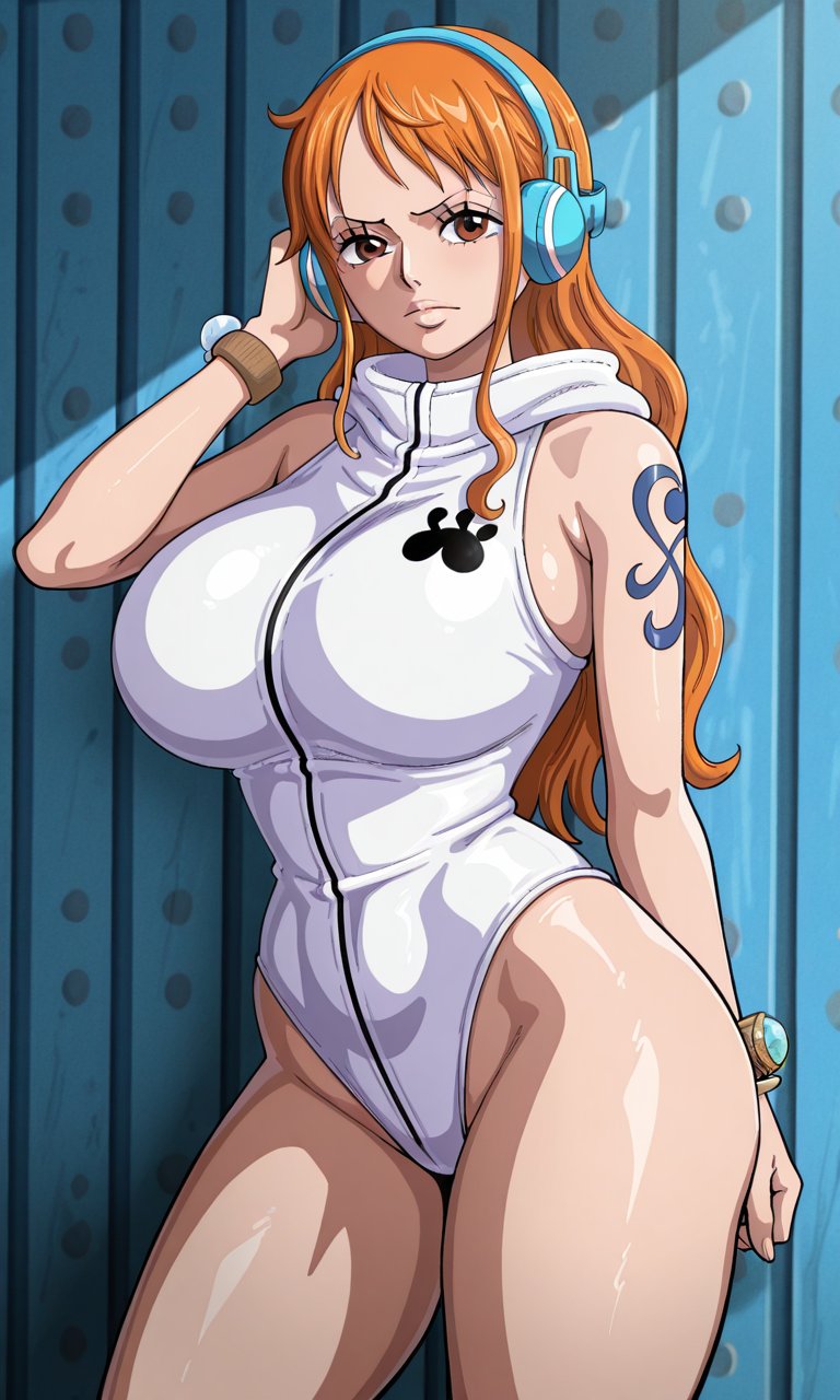 1girls, ai generated, anime, arm tattoo, big breasts, blue tattoo, curvy, curvy female, curvy figure, female, female only, huge breasts, kyoru189, light skin, light-skinned female, mature female, nami (one piece), one piece, orange hair, orange-haired female, shiny skin, solo, solo female, tattoo