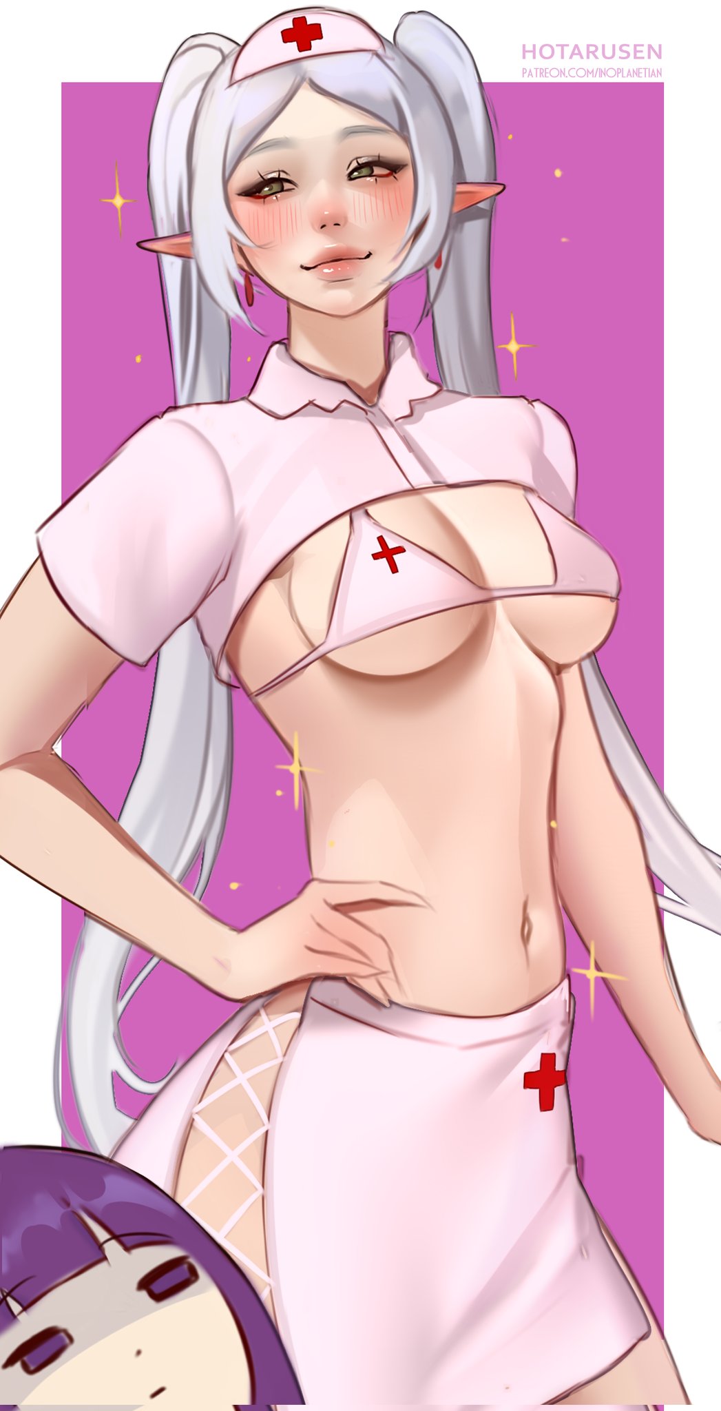 , bikini, bikini top, breasts, breasts out, fern (sousou no frieren), frieren, frieren beyond journey's end, hotaru sen, medium breasts, nurse, nurse cap, nurse uniform, pinup, revealing clothes, revealing outfit, sexy, skinny, skinny female, sousou no frieren, thick legs, thick thighs, tits, tits out, wide hips, wide thighs