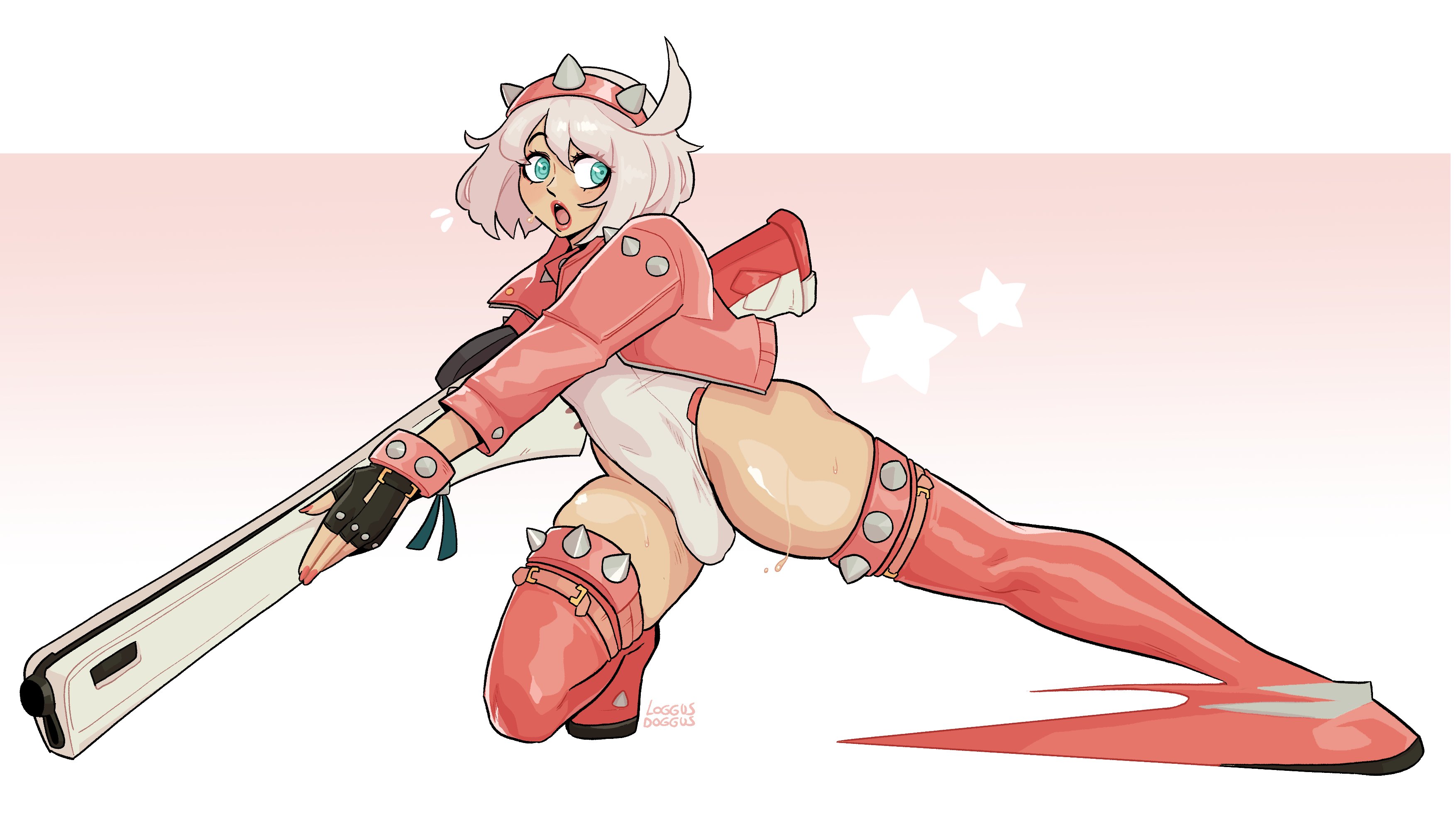 :o, 1boy, aqua eyes, arc system works, bulge, elphelt valentine, femboy, feminine male, genderswap (ftm), girly, guilty gear, guilty gear strive, leotard, loggus doggus, looking at viewer, male, male only, open mouth, red lipstick, rule 63, solo, thick thighs, thighs, very high resolution, white hair, widescreen