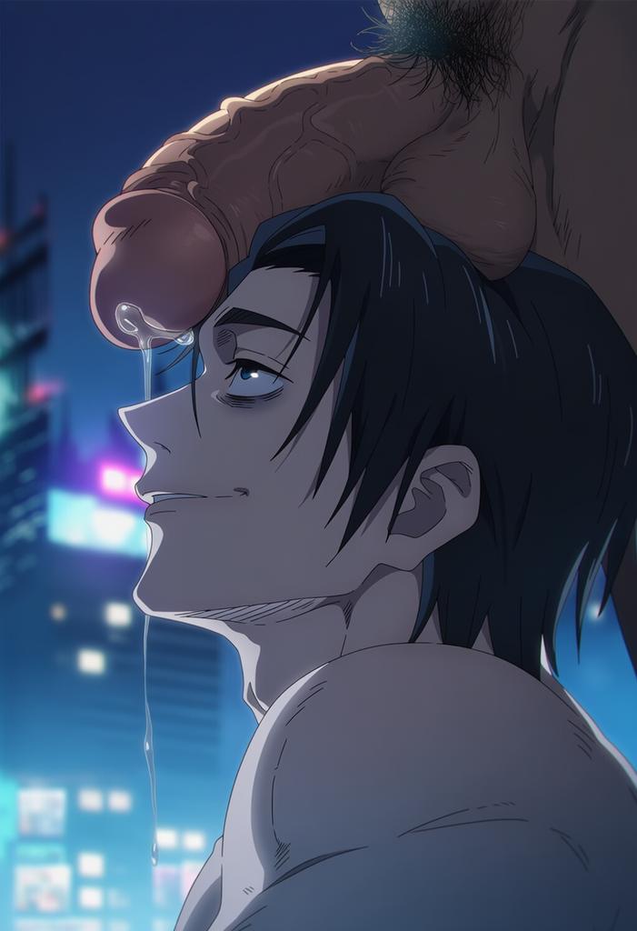 balls, black eyes, black hair, cum, gay, happy, hawkchan99, jujutsu kaisen, male only, male/male, penis, pubic hair, testicles, yaoi, yuta okkotsu