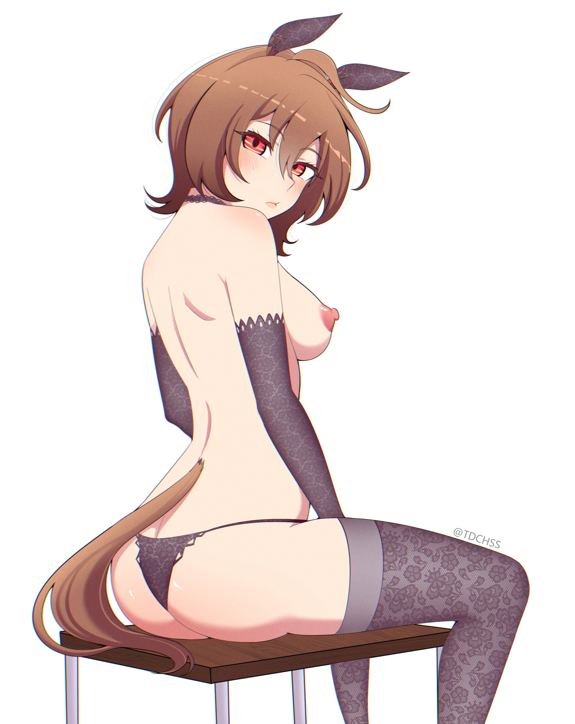 1girls, agnes tachyon (umamusume), breasts, brown hair, cygames, female, horse girl, light skin, light-skinned female, naked, nipples, nude, nude female, panties, panties only, solo, tail, tdchss, thighhighs, umamusume, umamusume pretty derby
