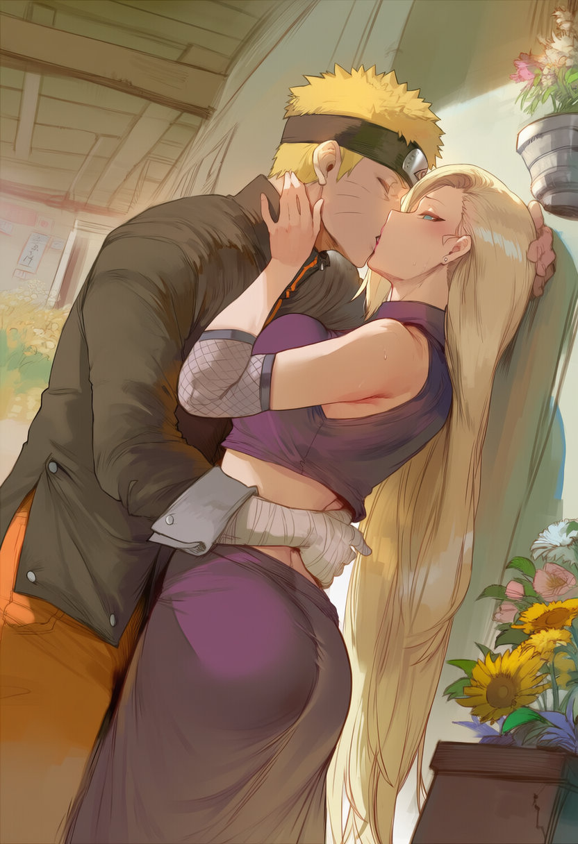 1boy, 1girls, ai generated, ass, bandaged arm, bandages, before sex, big breasts, blonde hair, blue eyes, breasts, cheating, cheating (relationship), cheating boyfriend, cheating girlfriend, curvaceous, flower earrings, flower shop, huge breasts, indoors, ino yamanaka, kissing, lipstick, long hair, lovers, makeup, naruto, naruto (series), naruto shippuden, naruto: the last, short hair, swirlinghawk, uncensored, upper body, uzumaki naruto