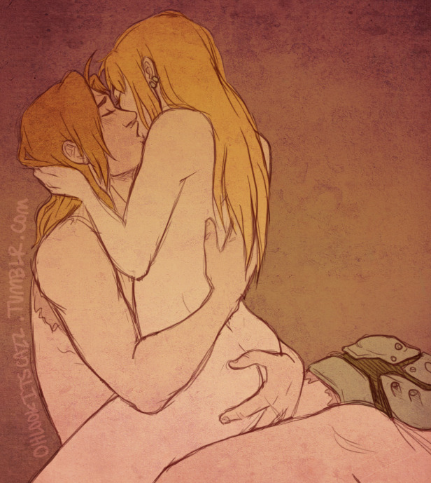 1boy, 1boy1girl, 1girls, 2d, ahoge, arched back, arms around partner, artist name, ass grab, blonde hair, blush, butt crack, canon couple, closed eyes, color, completely nude, digital media, ear piercing, earrings, edward elric, female, fullmetal alchemist, gradient background, hand on another's ass, hand on another's head, kissing, light-skinned female, long hair, male, male and female focus, ohlookitscazz, prosthetic, romantic, romantic couple, scar, side view, sitting, sitting on lap, slight blush, straight, watermark, wholesome, winry rockbell
