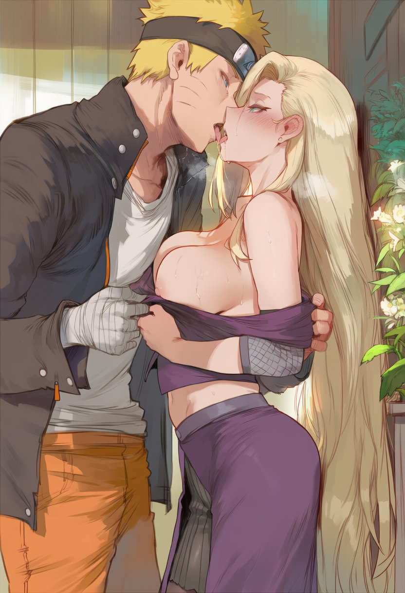 , 1boy, 1girls, ai generated, ass, bandaged arm, bandages, before sex, big breasts, blonde hair, blue eyes, breasts, cheating, cheating (relationship), cheating boyfriend, cheating girlfriend, curvaceous, flower earrings, flower shop, huge breasts, indoors, ino yamanaka, kissing, lipstick, long hair, lovers, makeup, naruto, naruto (series), naruto shippuden, naruto: the last, short hair, swirlinghawk, uncensored, undressing, upper body, uzumaki naruto