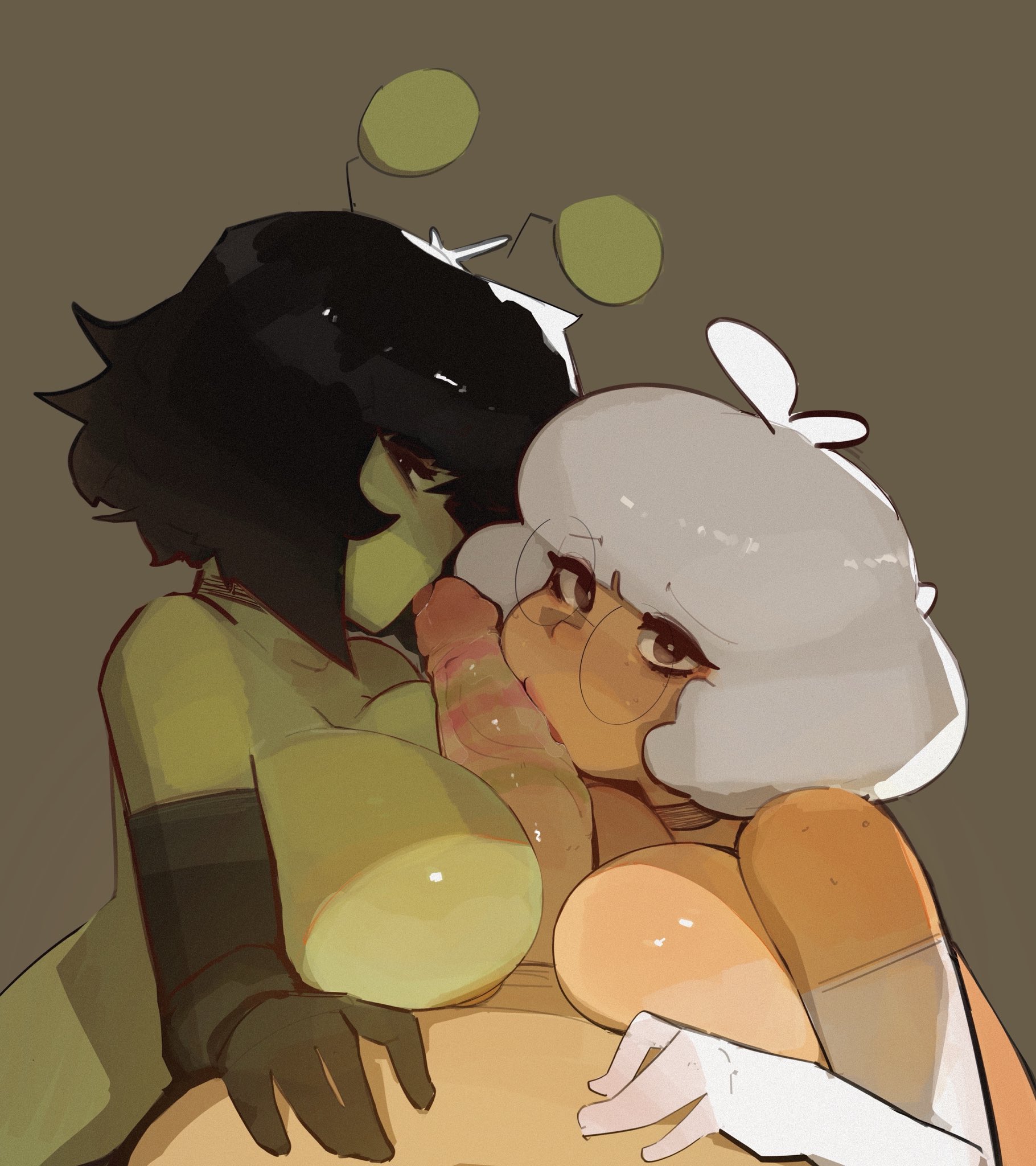 1boy, 2d, 2girls, alien, alien gal (drmover), alien girl, antennae, antennae (anatomy), big boobs, big breasts, big tits, black gloves, blowjob, breasts, double blowjob, drmover, eve (artofmover), evelynn winter, fellatio, female, glasses, green skin, lipstick mark, lipstick on penis, looking at viewer, male, original character, original characters, penis, roblox, roblox avatar, robloxian, simple background, straight, white gloves, white hair