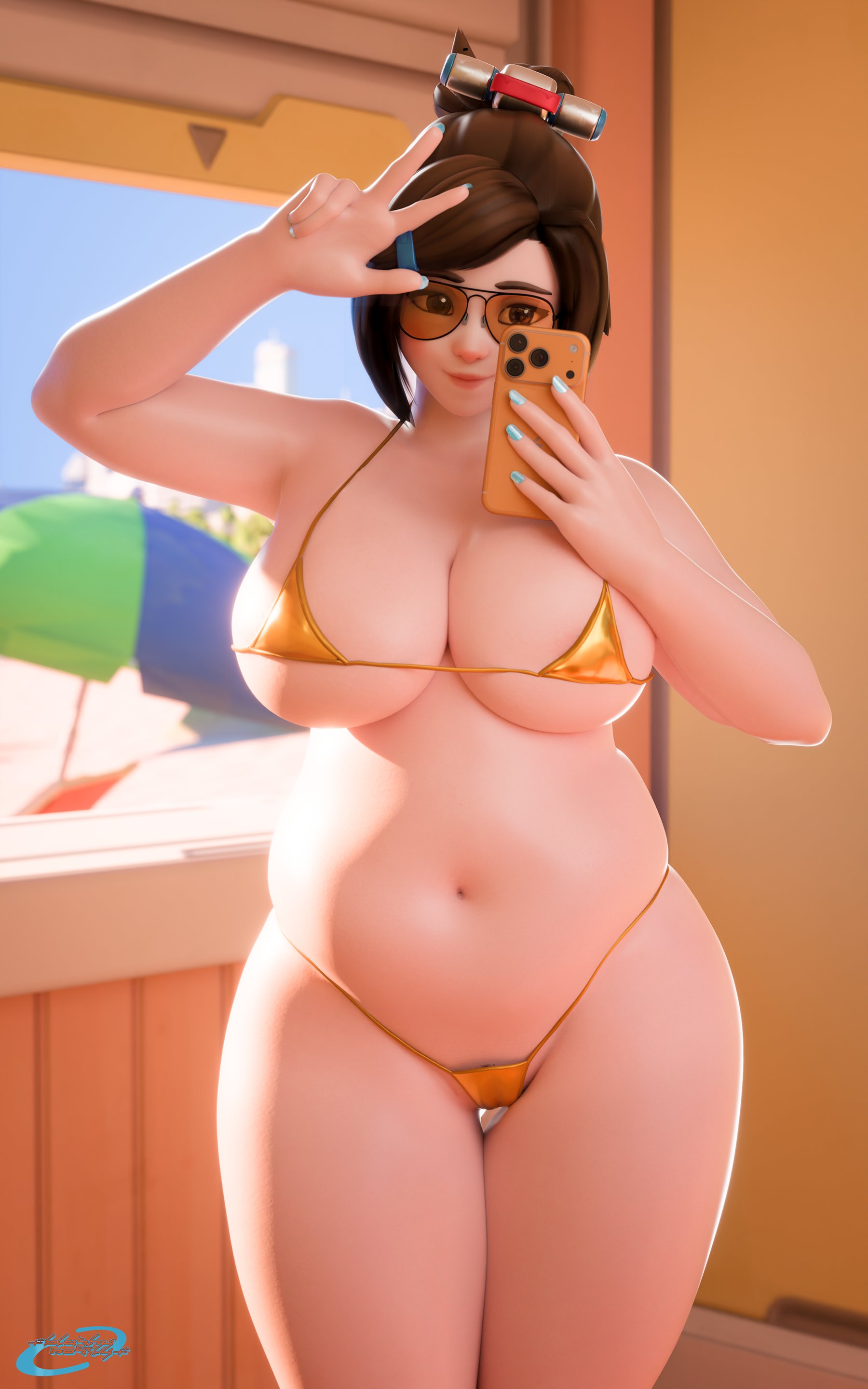 1girls, 3d, 3d (artwork), asian, asian female, big breasts, bikini, blushymostly, brown hair, cellphone, chubby, chubby female, cleavage, curvy, curvy female, curvy figure, female, female focus, female only, glasses, gold bikini, highres, large breasts, light skin, light-skinned female, mei (overwatch), mei ling zhou, micro bikini, navel, overwatch, overwatch 2, selfie, skindentation, smartphone, sunglasses, swimsuit, tinted eyewear, v, v sign, wide hips, yellow-tinted eyewear