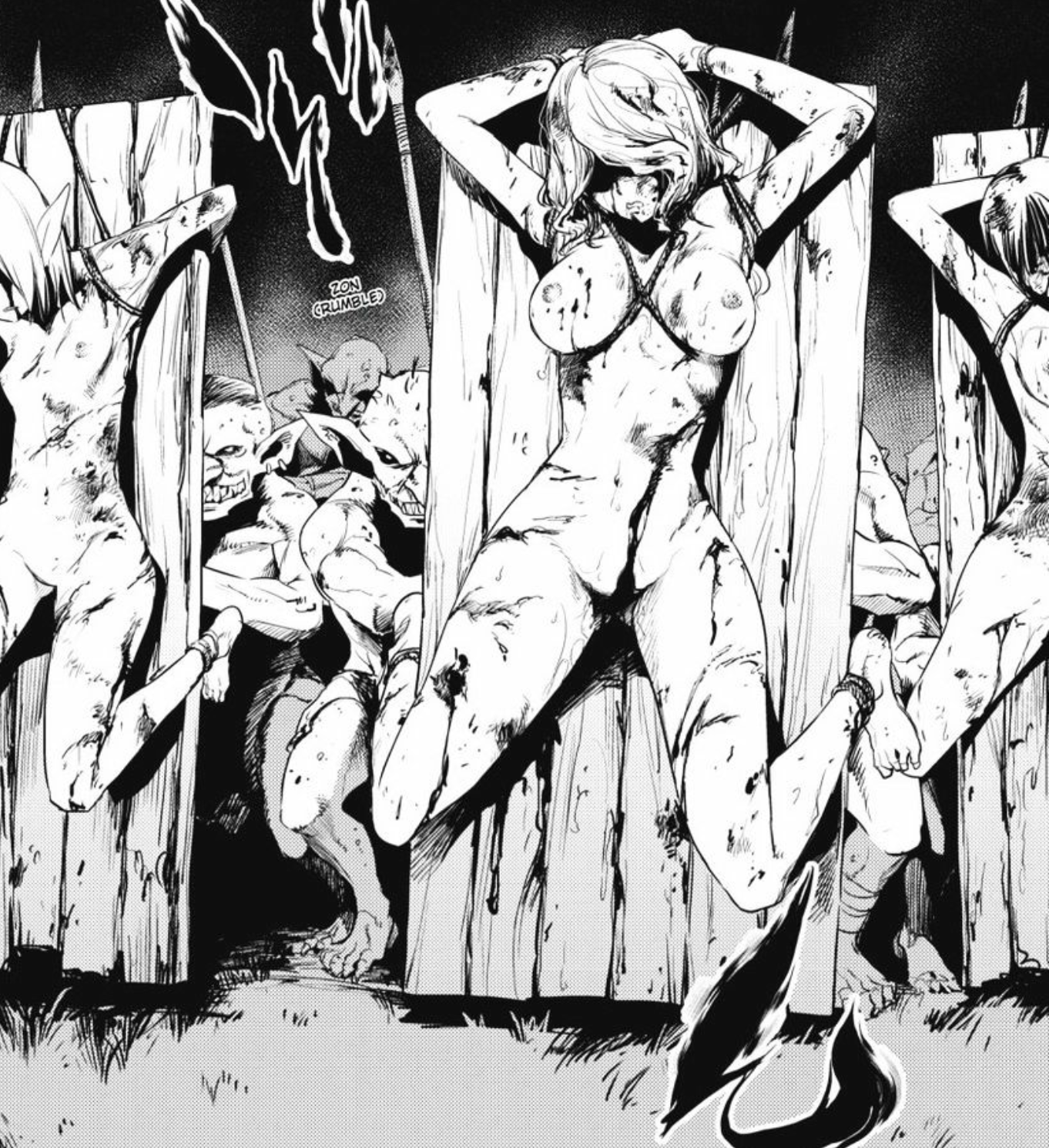 3girls, bite mark, black and white, blood, bondage, broken rape victim, bruise, female, goblin, goblin male, goblin slayer, hands tied, hands tied above head, hands tied behind back, male, manga page, meat shield, nude, ryona, scratches, shield, tagme
