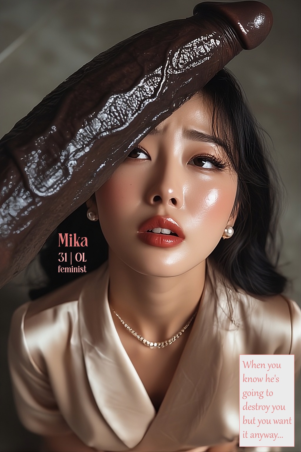 2026, ai art, ai assisted, ai generated, big dick, big penis, black hair, black on asian, business attire, business woman, cock whore, cock worship, dark skin, dark-skinned male, desire, dick on face, dick on head, eyelashes, eyeliner, feminist, feminist bitch, feminist to cumdump, feminist to slut, imminent fellatio, imminent sex, immoral desires, immorality, interracial, interracial sex, light skin, light-skinned female, lipstick, long hair female, lustful eyes, lustful gaze, makeup, male pov, mascara, name drop, office lady, office wear, office worker, on her knees, pained expression, pained look, penis, penis against face, penis awe, penis out, resistance is futile, resisting, secretly horny, secretly wants it, submissive female, submissive pose, taboo, turned on, turned submissive, worship play, worshiping