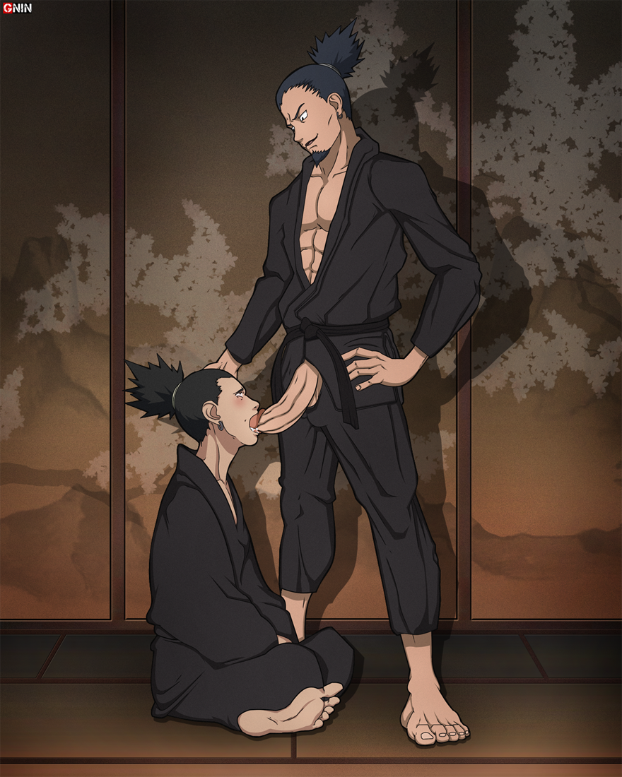 2boys age_difference bara barefoot black_hair erection evil_grin facial_hair family father_and_son feet fellatio full_body gnin gninrom grin hand_on_head incest male_only multiple_boys muscle nara_shikaku nara_shikamaru naruto older_man_and_younger_boy penis sitting smirk toes undressing yaoi