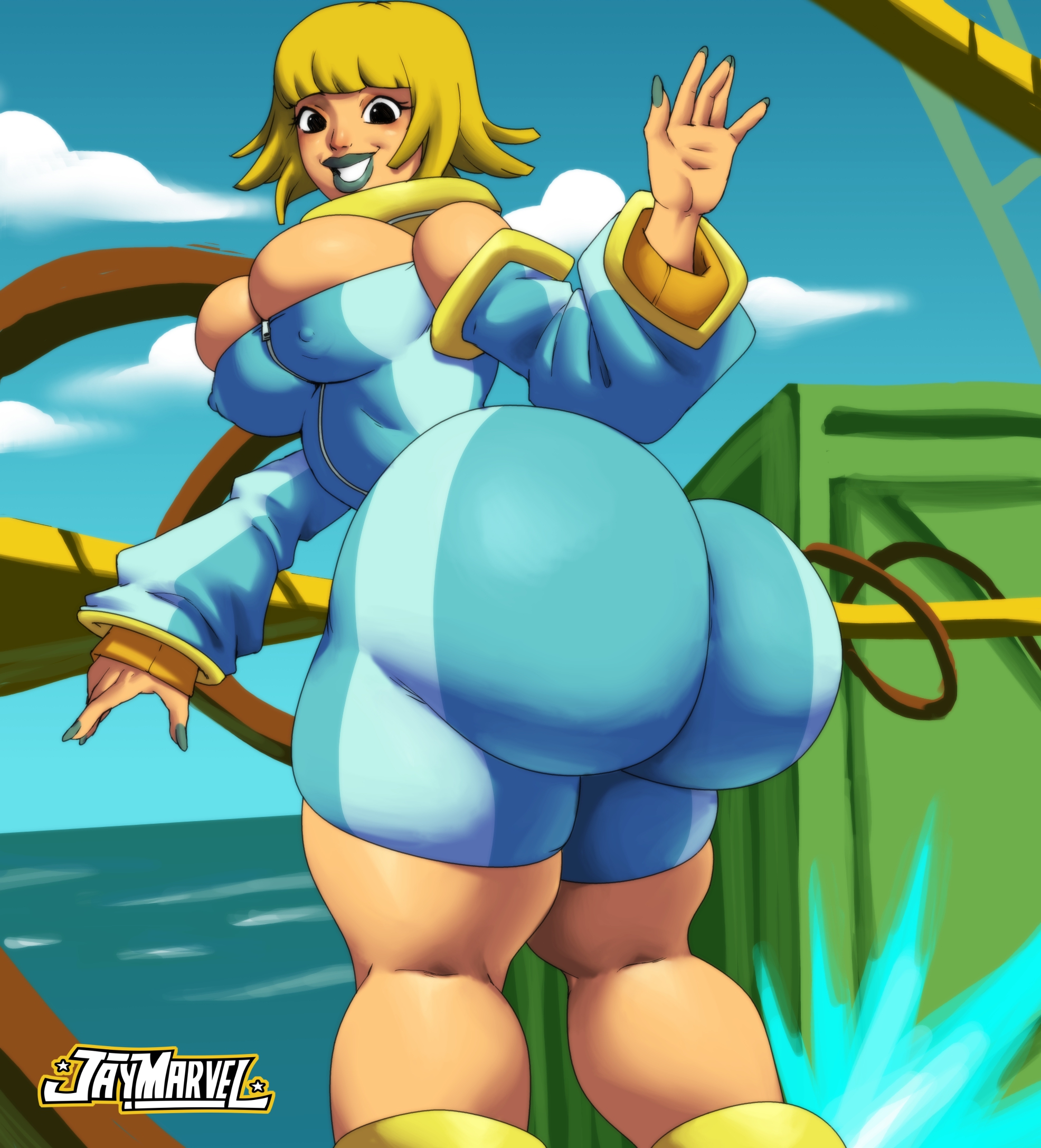 1girls, 2026, behind view, bel (brc), big ass, big breasts, blonde, blonde female, blonde hair, bomb rush cyberfunk, cleavage, dumptruck ass, dumptruck butt, hi res, high resolution, highres, huge ass, jay-marvel, large ass, looking at viewer, massive ass, pawg, solo, solo focus, thick thighs, waving at viewer
