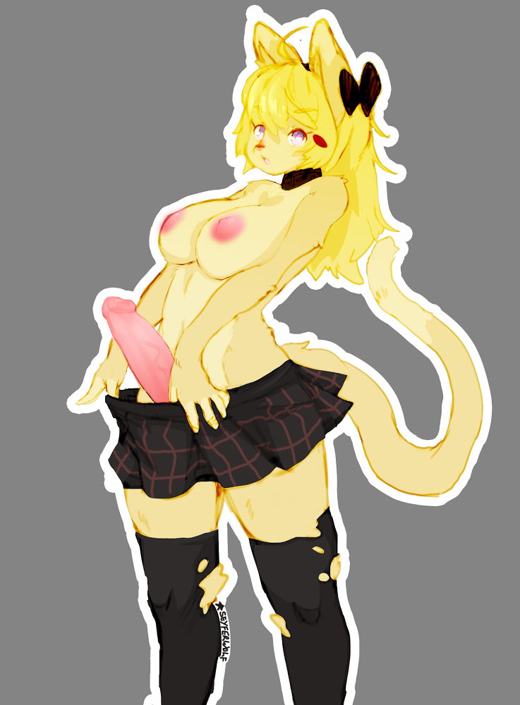 1futa areolae bow breasts clothing collar curvy cute erect_nipples erection fur futa_only futanari intersex large_breasts large_penis legwear mitzi nipples no_panties penis penis_out seyferwolf skirt skirt_pull stockings topless yellow_fur