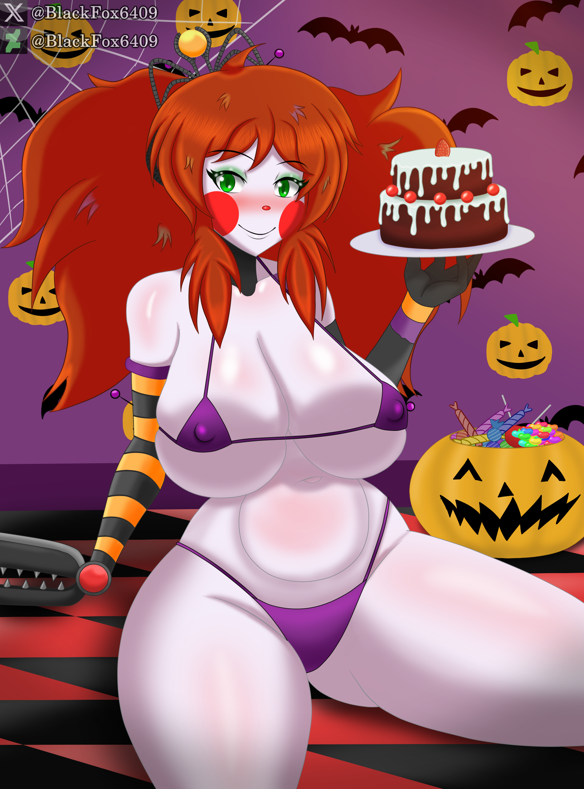1girls, baby (fnafsl), background, big breasts, bikini, bikini top, blackfox6409, breasts, cake, circus baby, circus baby (fnaf), circus baby (fnia), eyes, female, five nights at freddy's, five nights in anime, fnia, freddy fazbear's pizzeria simulator, green eyes, hair, halloween, orange hair, red cheeks, red hair, scottgames, scrap baby, scrap baby (fnaf), scrap baby (fnia), smile, solo, solo female