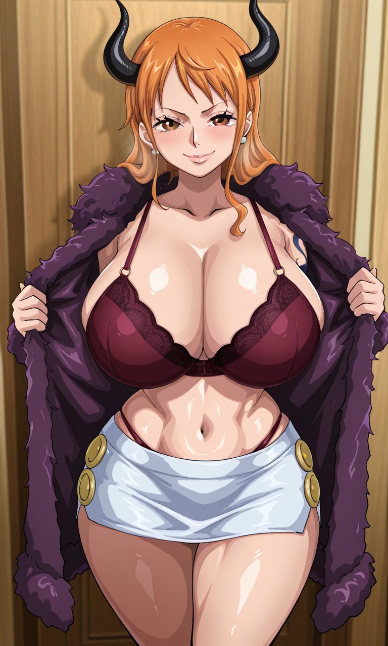 1girls, ai generated, anime, big breasts, bra, curvy, curvy female, curvy figure, female, female only, fur coat, horn, horns, huge breasts, kyoru189, light skin, light-skinned female, looking at viewer, mature female, miniskirt, nami (one piece), one piece, orange eyes, orange hair, shiny skin, skirt, solo, solo female