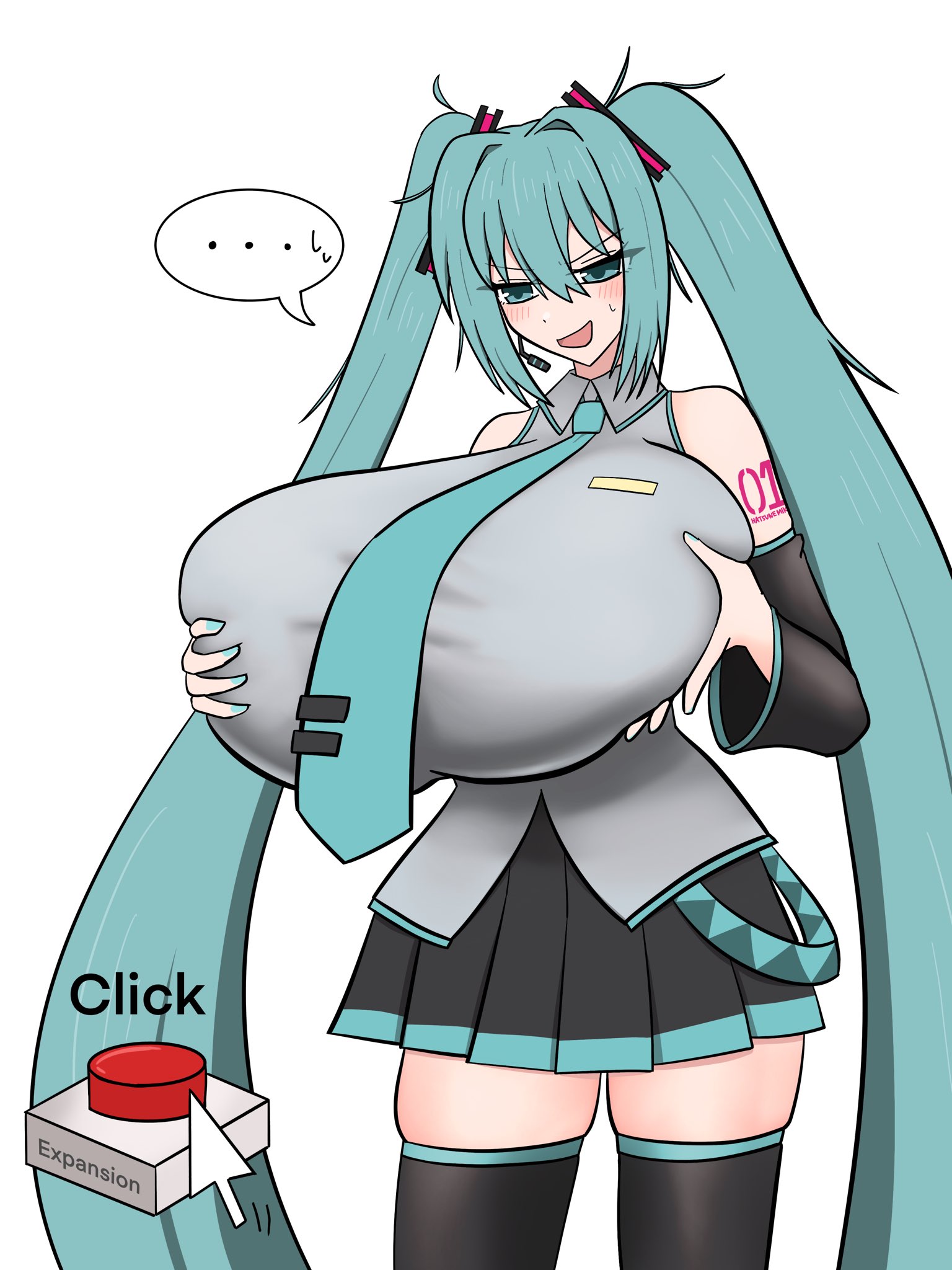 ..., 1girl, alternate breast size, aqua eyes, aqua hair, big breasts, blue eyes, blue hair, braided hair, breast expansion, breasts, detached sleeves, gigantic breasts, groping, groping breasts, groping self, hatsune miku, huge breasts, long hair, necktie, only girl, skirt, solo, spoken ellipsis, stray oekaki, thighhighs, twintails, very long hair, vocaloid, white background