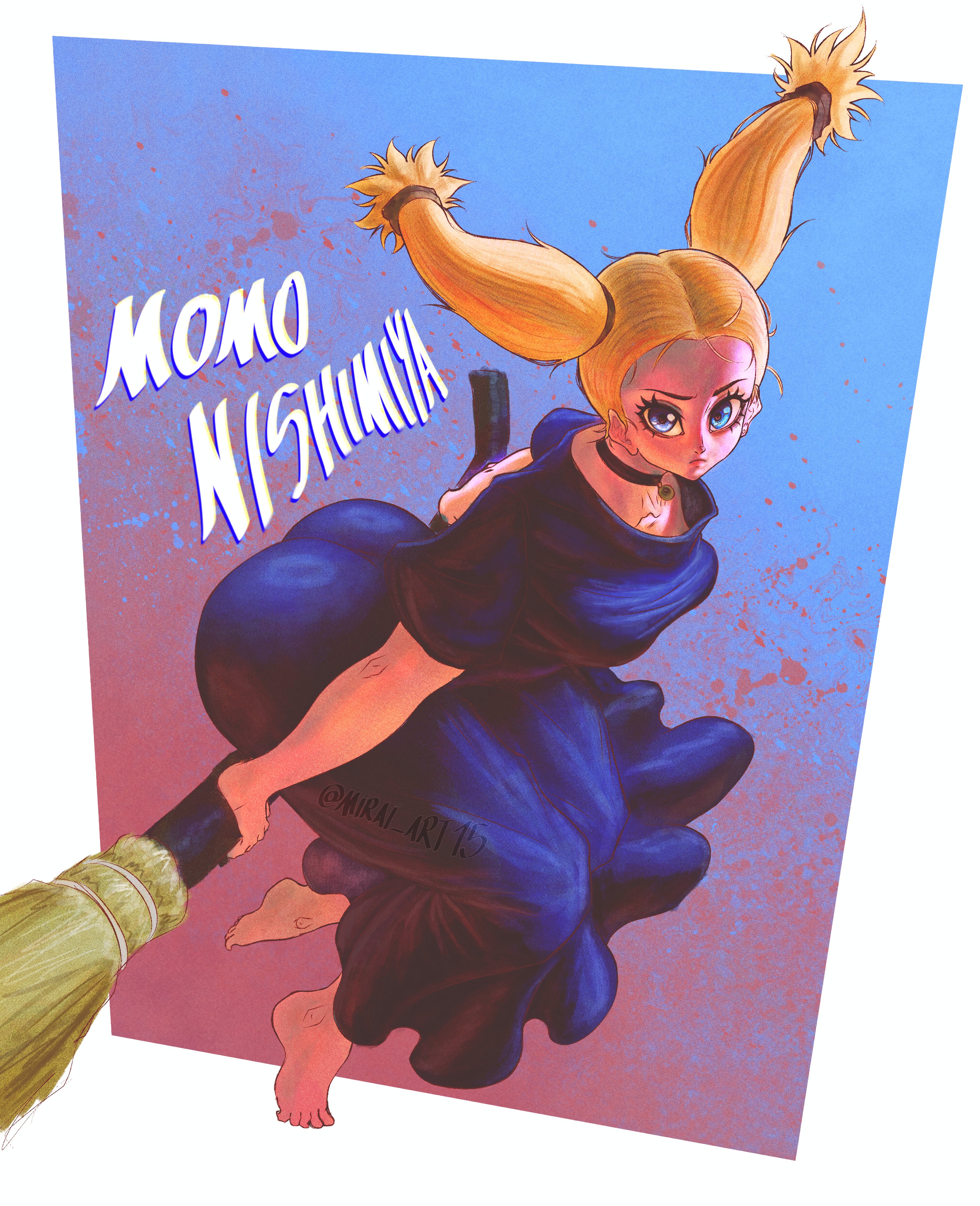 1girls, art15mirai, big ass, blonde hair, blue eyes, broom, broom riding, bubble butt, choker, dress, huge ass, jewelry, jujutsu kaisen, long hair, nishimiya momo, solo, tagme, twintails, witch