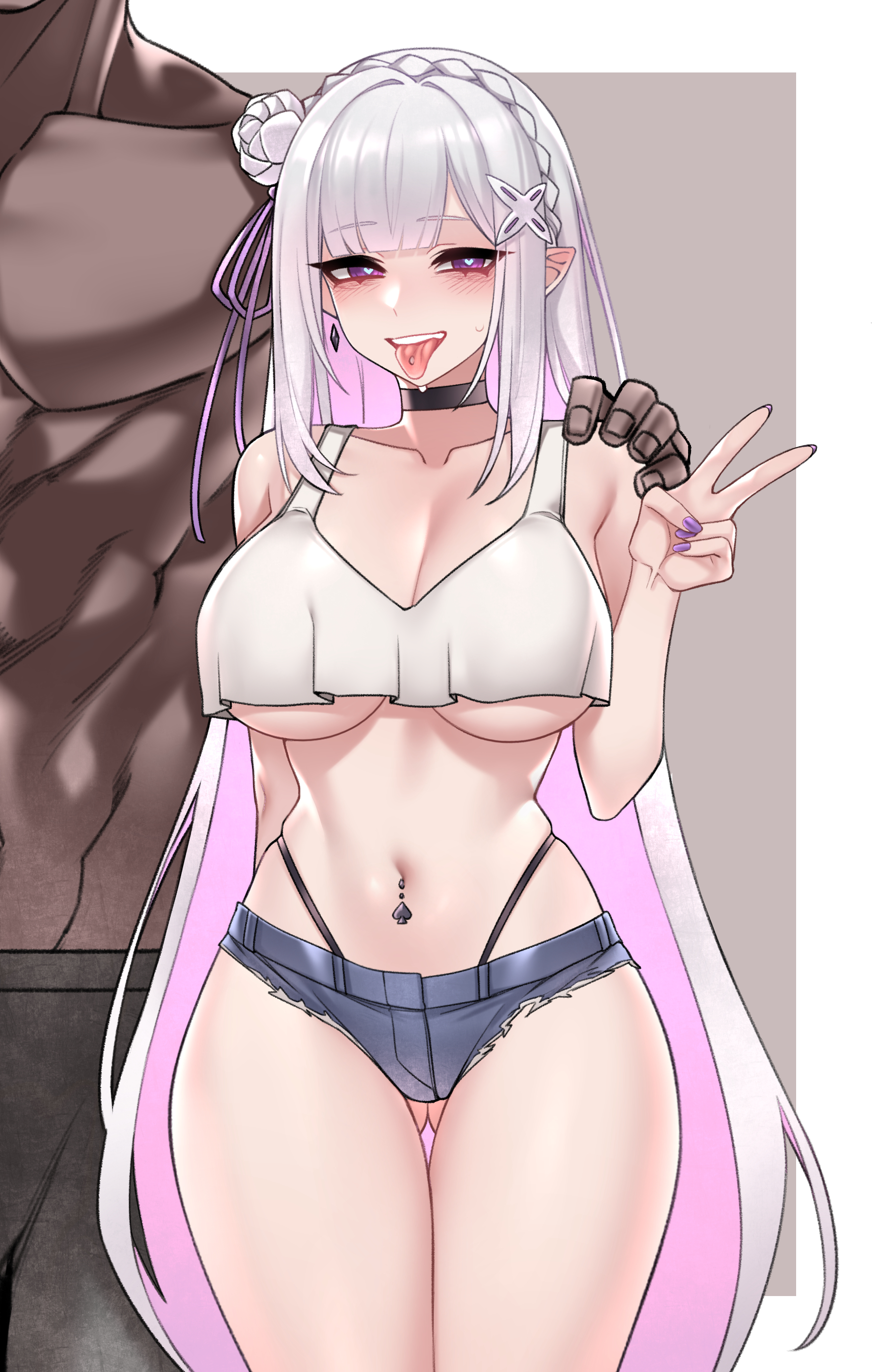 1boy, 1girl, absurdres, ass visible through thighs, black choker, black panties, blacked female, blue shorts, blush, braid, breasts, choker, cleavage, collarbone, colored inner hair, crown braid, dark skin, dark-skinned male, dogs (dlrkdejr26), earrings, emilia (re:zero), fingernails, flower, grey background, hair flower, hair ornament, hair ribbon, hairclip, hand on another's shoulder, head out of frame, heart, heart in eye, hetero, highleg, highleg panties, highres, interracial, jewelry, large breasts, large variant set, long hair, looking at viewer, multicolored hair, nail polish, navel, navel piercing, open mouth, panties, piercing, pink eyes, pink hair, pointy ears, purple nails, purple ribbon, race fetishism, re:zero kara hajimeru isekai seikatsu, ribbon, rose, shorts, smile, spade (shape), spade piercing, stomach, sweatdrop, symbol in eye, tank top, teeth, tongue, tongue out, tongue piercing, two-tone hair, underboob, underwear, upper teeth only, v, variant set, very long hair, white background, white flower, white hair, white rose, white tank top