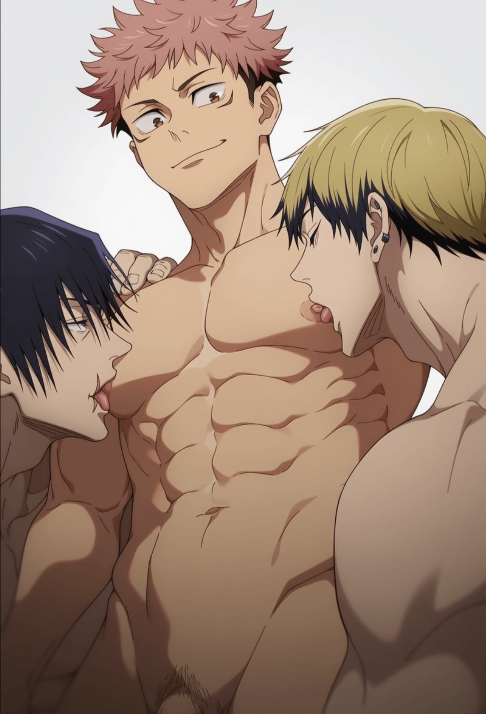 3boys, ai generated, black eyes, black hair, blonde hair, brown eyes, hawkchan99, itadori yuuji, jujutsu kaisen, muscles, muscular, muscular male, nipples, pink hair, pink nipples, toji fushiguro, tongue, tongue out, yaoi, zenin naoya