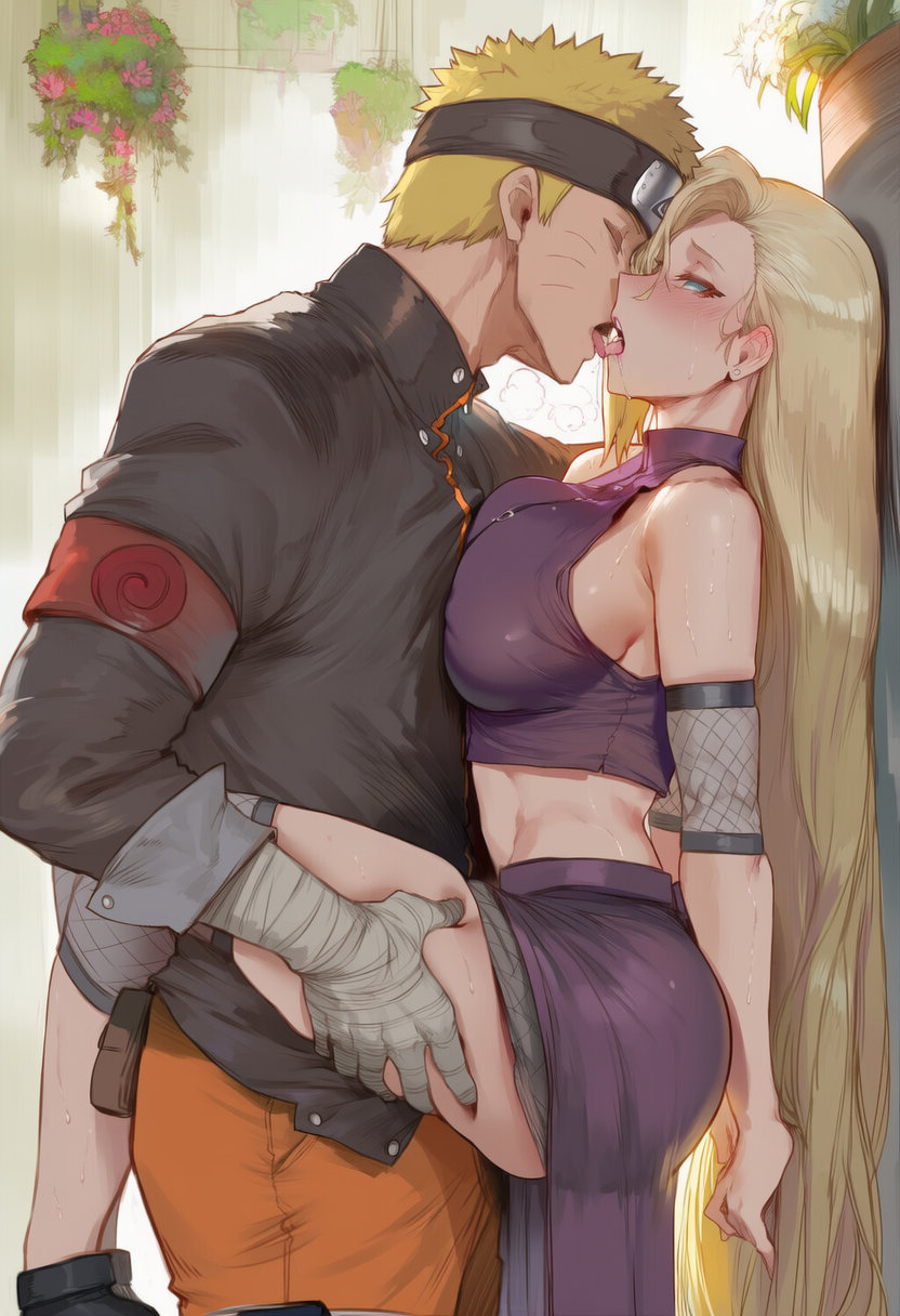, 1boy, 1girls, ai generated, ass, bandaged arm, bandages, before sex, big breasts, blonde hair, blue eyes, breasts, cheating, cheating (relationship), cheating boyfriend, cheating girlfriend, curvaceous, flower earrings, flower shop, huge breasts, indoors, ino yamanaka, kissing, lipstick, long hair, lovers, makeup, naruto, naruto (series), naruto shippuden, naruto: the last, short hair, swirlinghawk, uncensored, upper body, uzumaki naruto