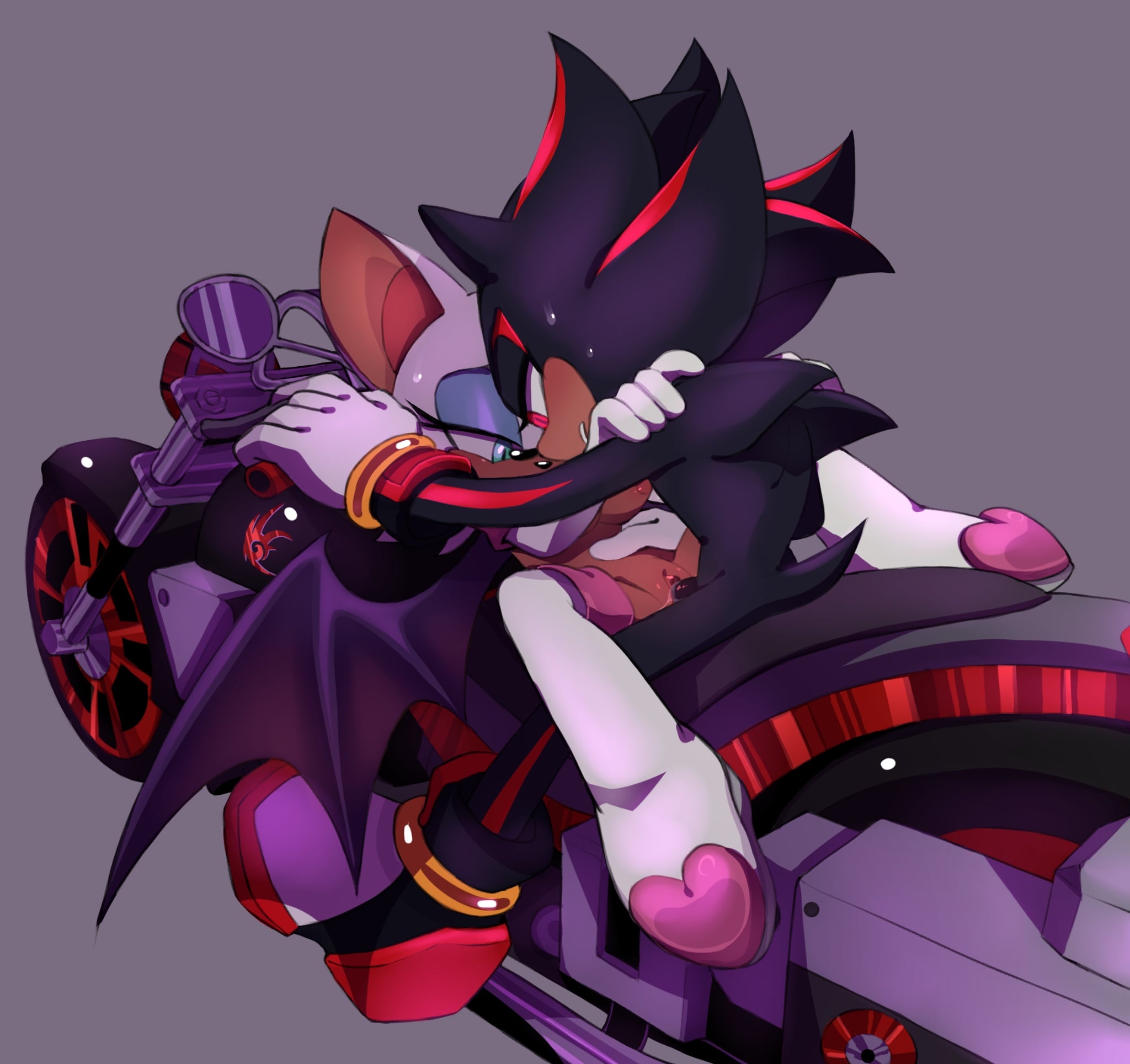 1boy, 1girls, areolae, bat ears, bat wings, bedroom eyes, benshir, black fur, blue eyes, driving, eulipotyphlan, female, hand on hip, lidded eyes, male, motorbike, motorcycle, red eyes, rouge the bat, sex while occupied, shadow the hedgehog, shadow the hedgehog logo, sonic (series), sonic the hedgehog (series), sweat, sweatdrop, vaginal penetration, vehicle, vehicle sex